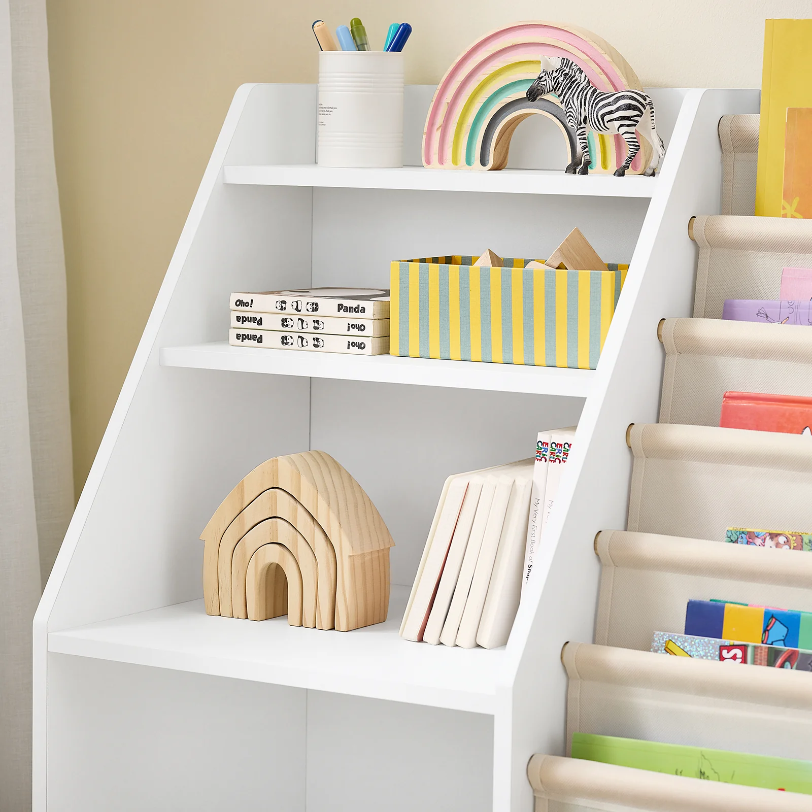 Pre-order SoBuy KMB119-W Montessori Kinderboekenkast, 3 niveaus, boekenkast met opslag, speelgoed en manden, stof, meubels, kinderkamer, plank, slaapkamer, wit, 80 x 40 x 80 cm - Image 8