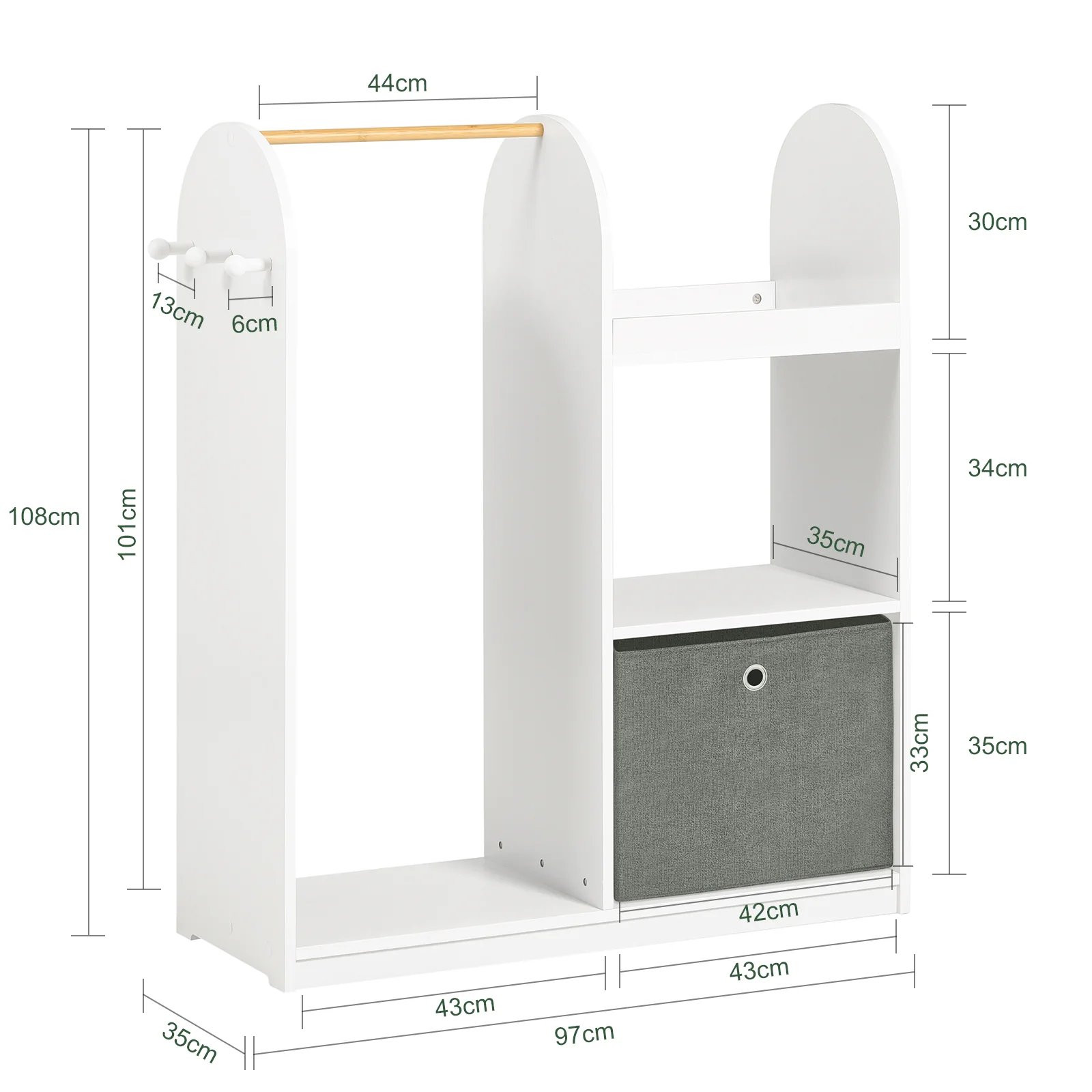 SoBuy KMB40-W Kinderkledingkast, Kinderslaapkamer Kledingrek, Kinderkledingrek, Kledingroedes, Kapstok, Kledingkasten met 3 Planken, 1 Mand en 3 Haken - Image 5