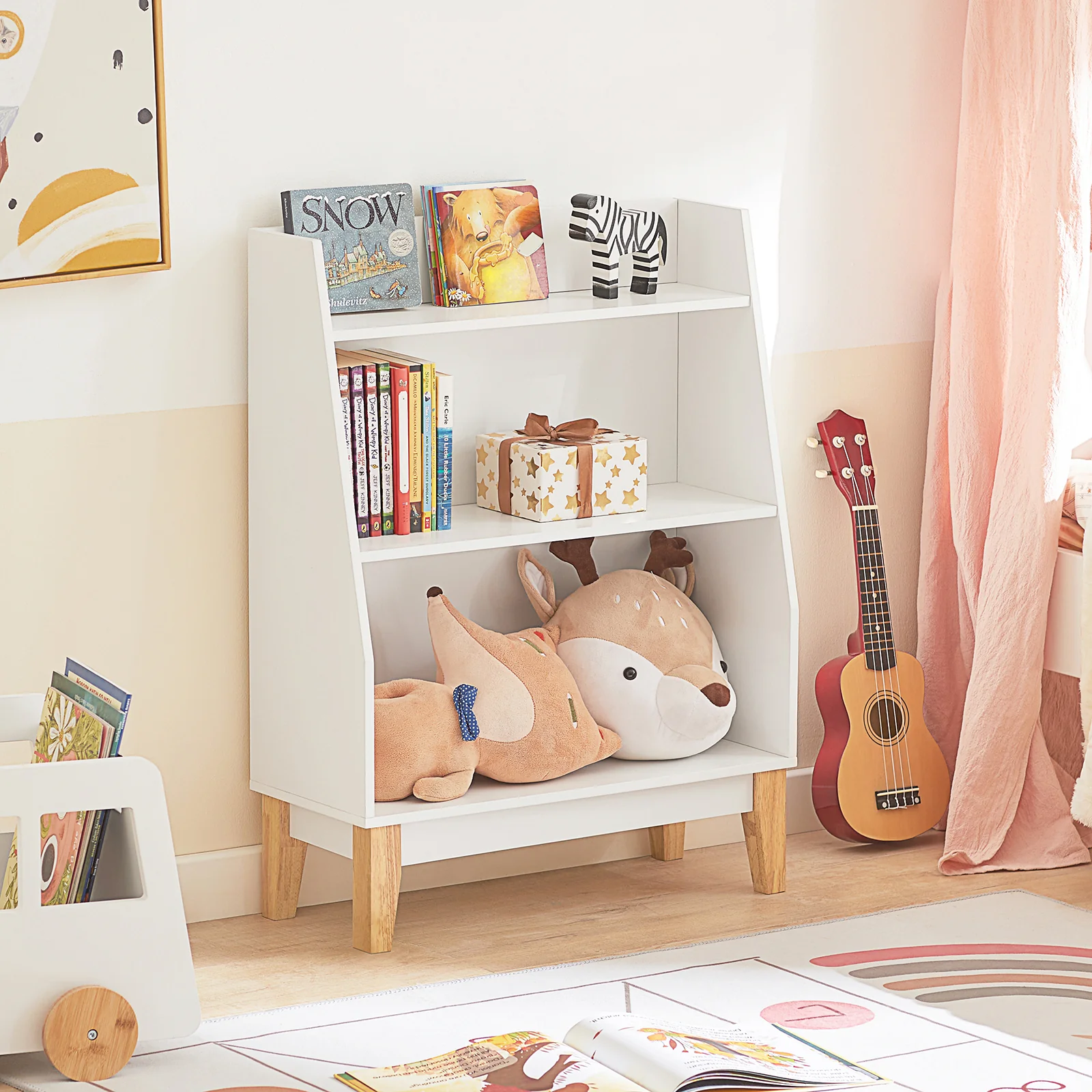 SoBuy KMB47-W kinderrek met 3 vakken, boekenrek, opbergrek voor kinderen, staand rek met massief houten poten - Image 3