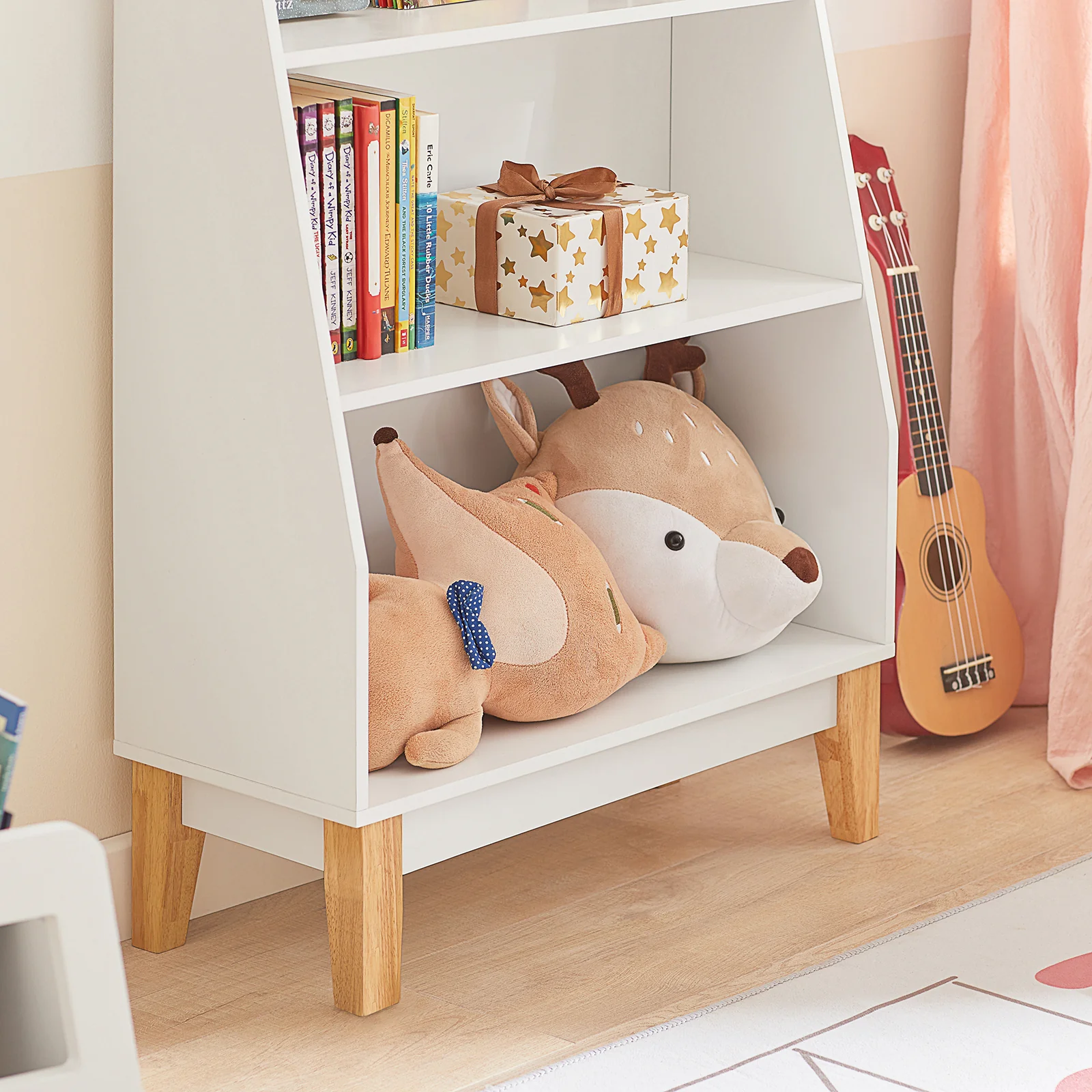 SoBuy KMB47-W kinderrek met 3 vakken, boekenrek, opbergrek voor kinderen, staand rek met massief houten poten - Image 6