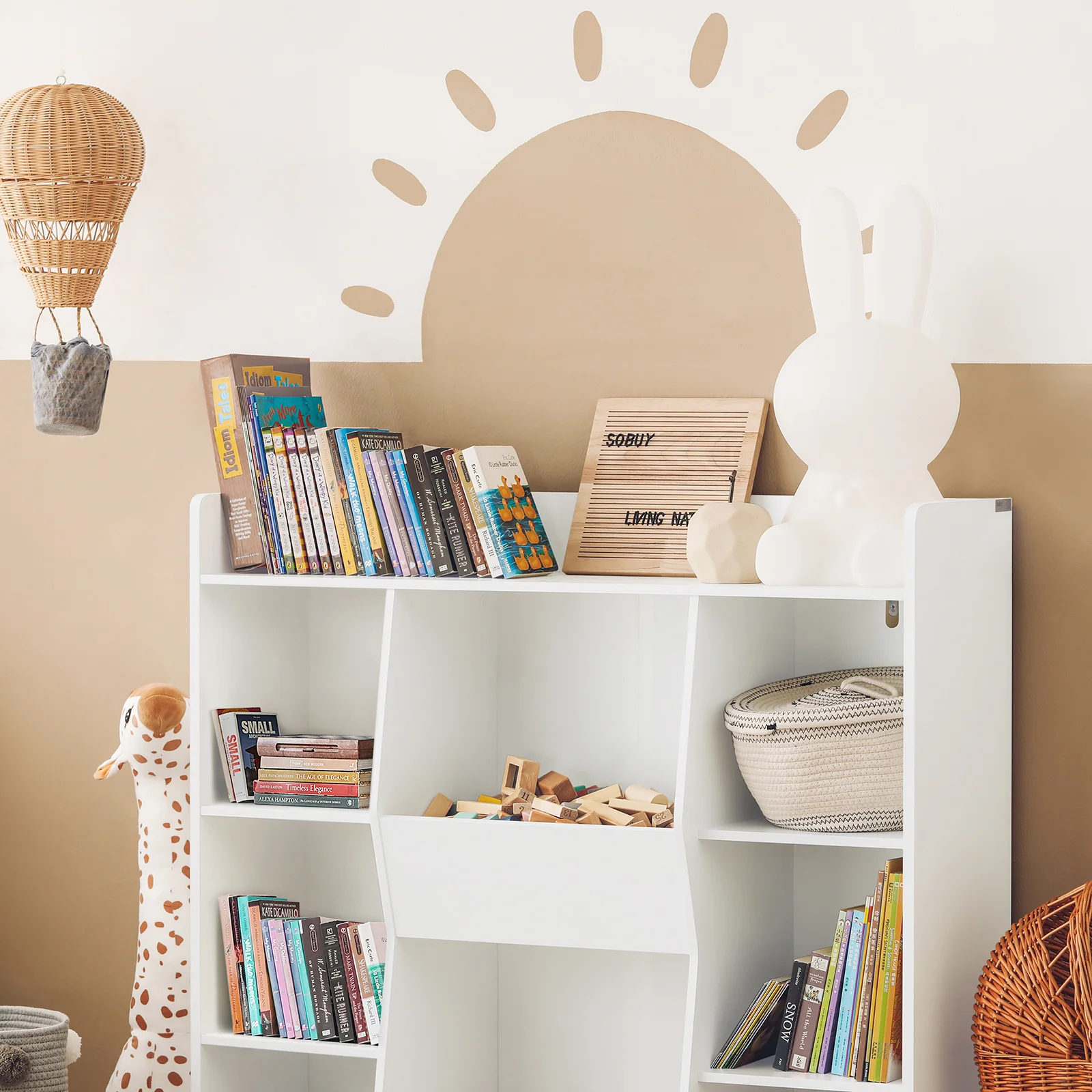 SoBuy KMB55-W Kinderbibliotheek met 8 Open Compartimenten, Speelgoedopslag en Tijdschriftenrek in Wit, 106x30x104 cm - Image 3