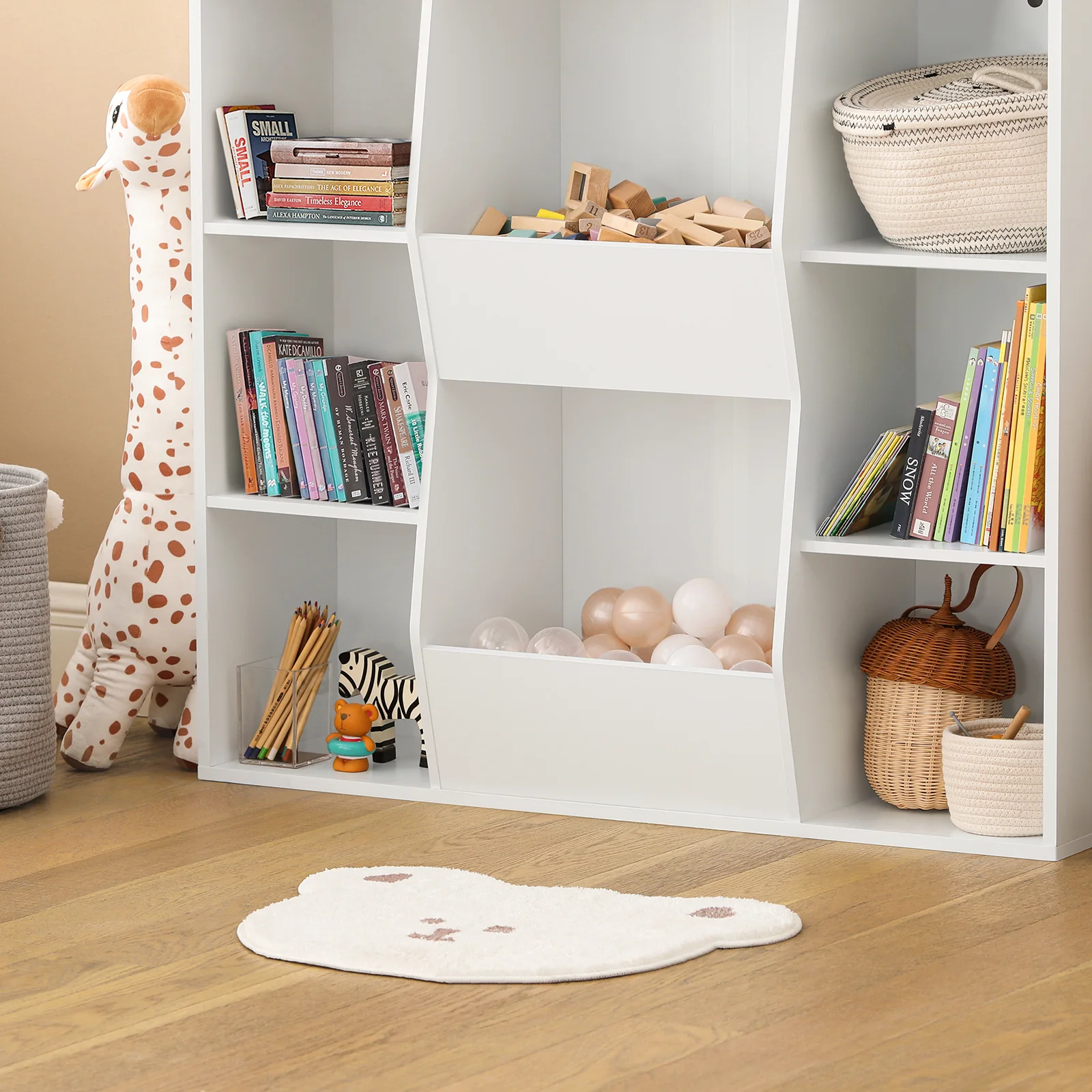 SoBuy KMB55-W Kinderbibliotheek met 8 Open Compartimenten, Speelgoedopslag en Tijdschriftenrek in Wit, 106x30x104 cm - Image 4