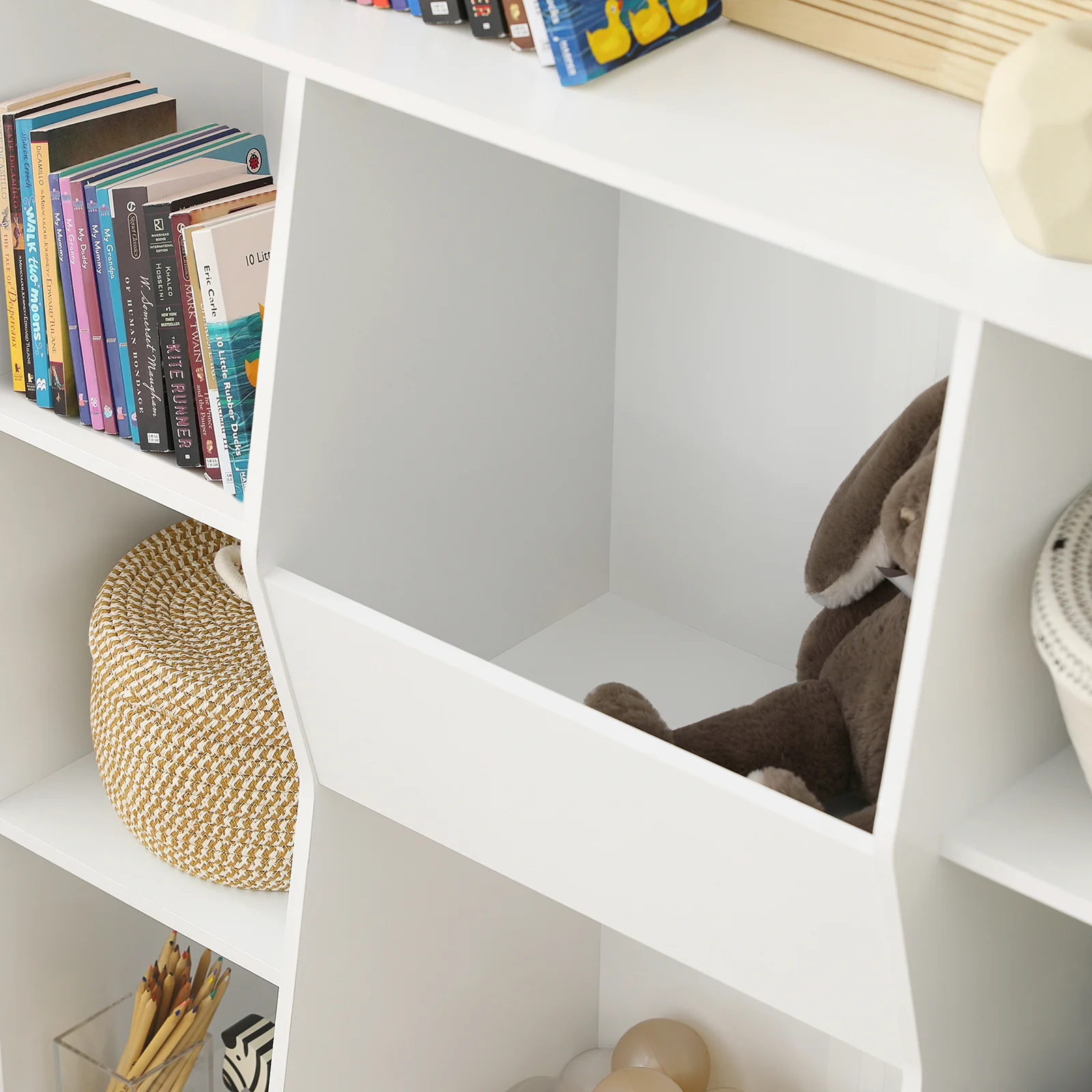 SoBuy KMB55-W Kinderbibliotheek met 8 Open Compartimenten, Speelgoedopslag en Tijdschriftenrek in Wit, 106x30x104 cm - Image 7