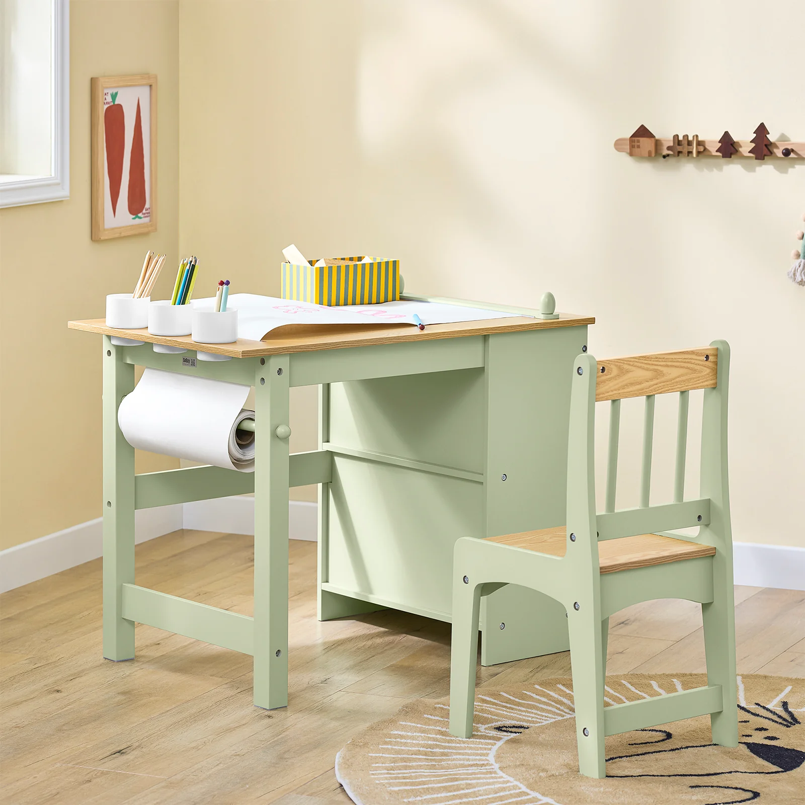 Pre-order SoBuy KMB60-GR Kindertafel met 1 stoel, kinderzitgroep met 1 papierrolhouder, kindertafelstoelset, speeltafel en schildertafel voor kinderkamer, tekentafel voor kinderen, groen, 80 x 66 x 50 cm - Image 2