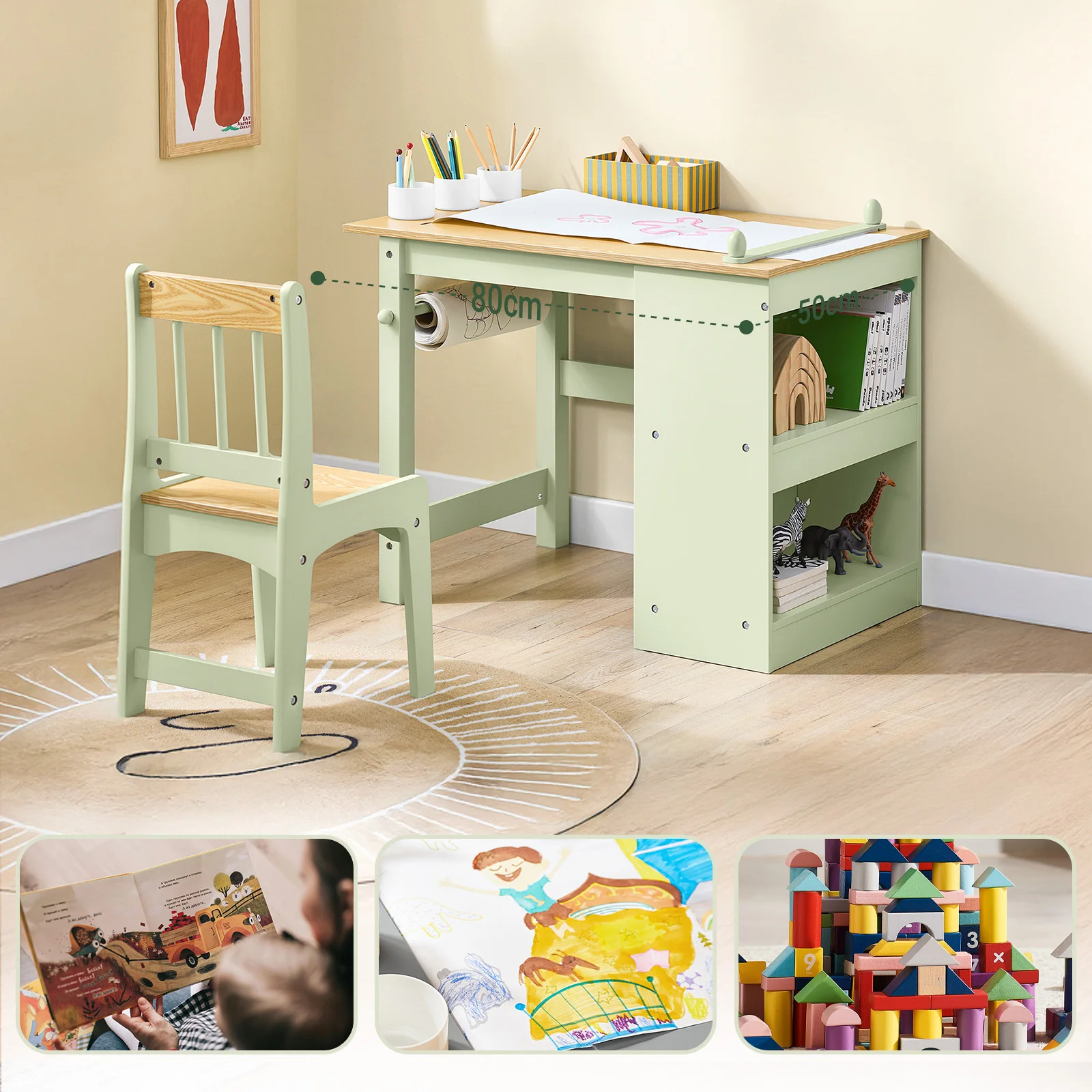 Pre-order SoBuy KMB60-GR Kindertafel met 1 stoel, kinderzitgroep met 1 papierrolhouder, kindertafelstoelset, speeltafel en schildertafel voor kinderkamer, tekentafel voor kinderen, groen, 80 x 66 x 50 cm - Image 3
