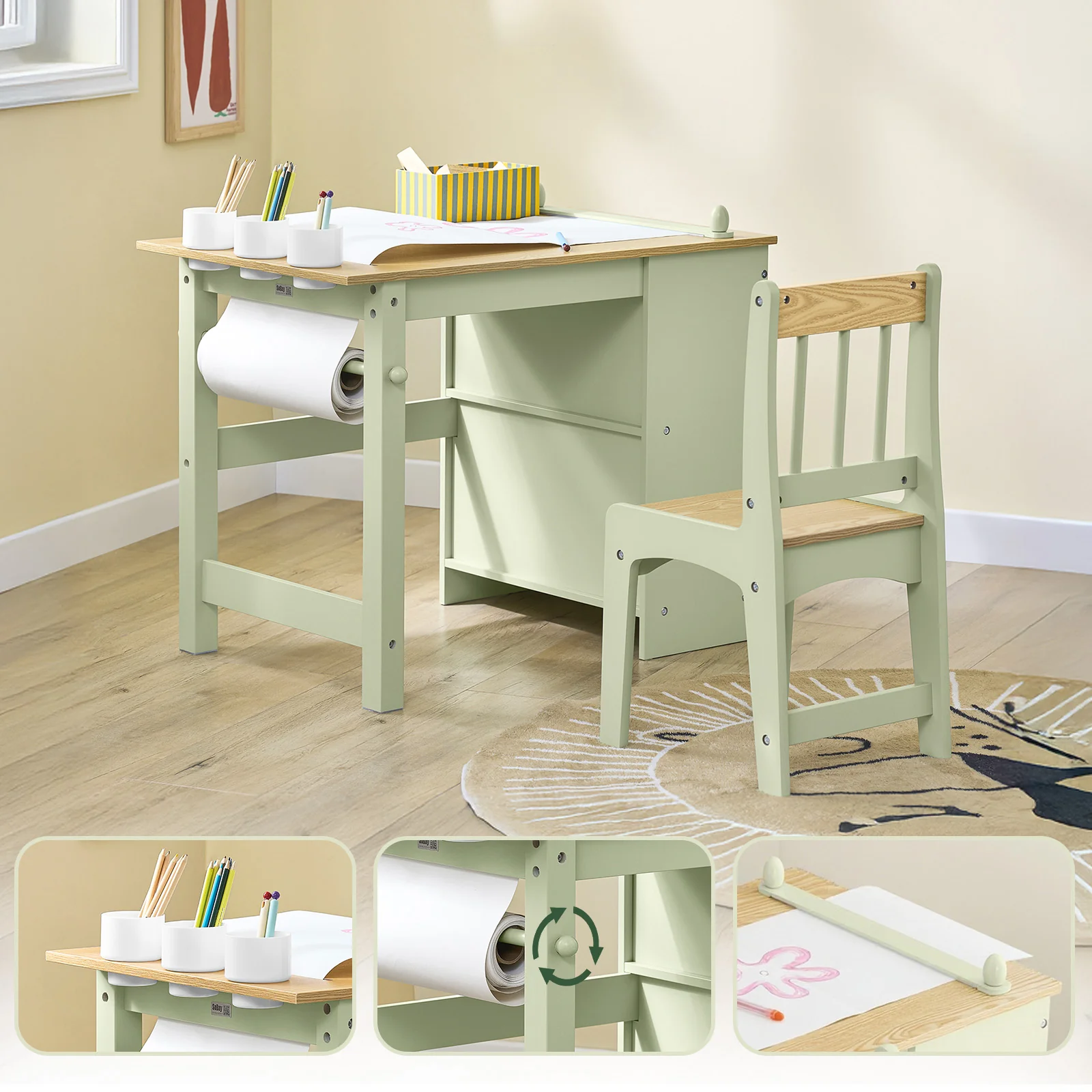 Pre-order SoBuy KMB60-GR Kindertafel met 1 stoel, kinderzitgroep met 1 papierrolhouder, kindertafelstoelset, speeltafel en schildertafel voor kinderkamer, tekentafel voor kinderen, groen, 80 x 66 x 50 cm - Image 4