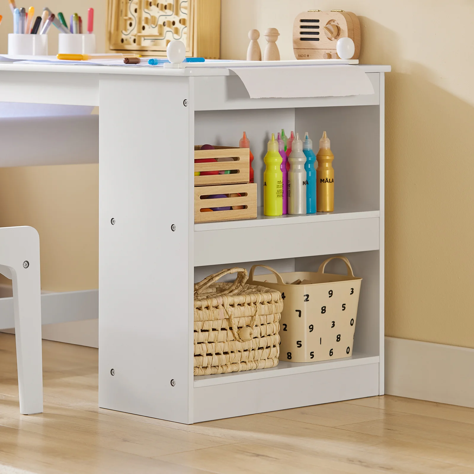 SoBuy KMB60-W Kinderbureau met Stoel – 2-delige Set, Bureau met 2 Open Planken, Rollenhouder en Pennenhouders in Wit (80x54x65 cm) - Image 14