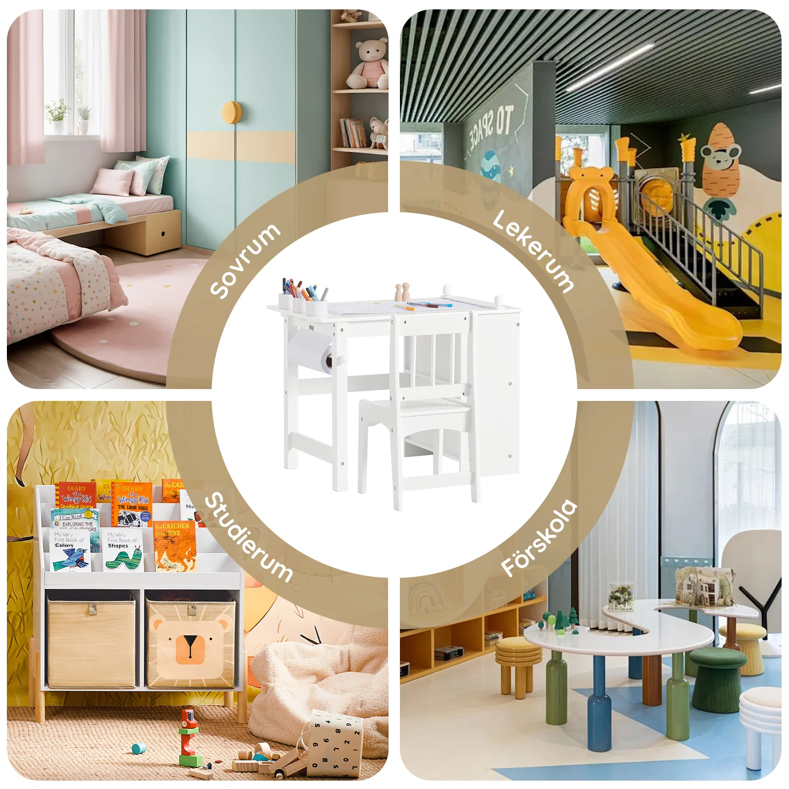 SoBuy KMB60-W Kinderbureau met Stoel – 2-delige Set, Bureau met 2 Open Planken, Rollenhouder en Pennenhouders in Wit (80x54x65 cm) - Image 15