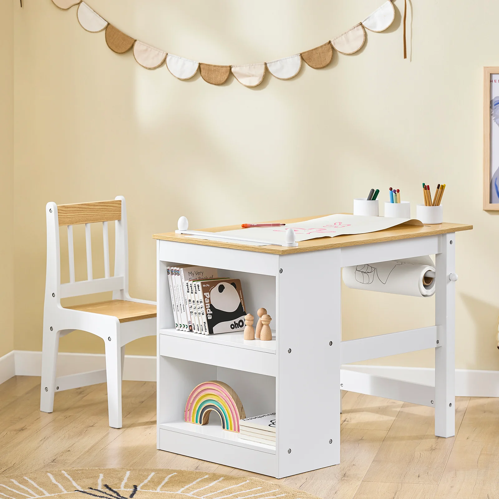 Pre-order SoBuy KMB60-WN Kindertafel met Stoel, 2-delige set, tafel en stoel voor kinderen, bureau met 2 planken, papierhouders en opbergvakken, wit/naturel, 80 x 50 x 66 cm - Image 2