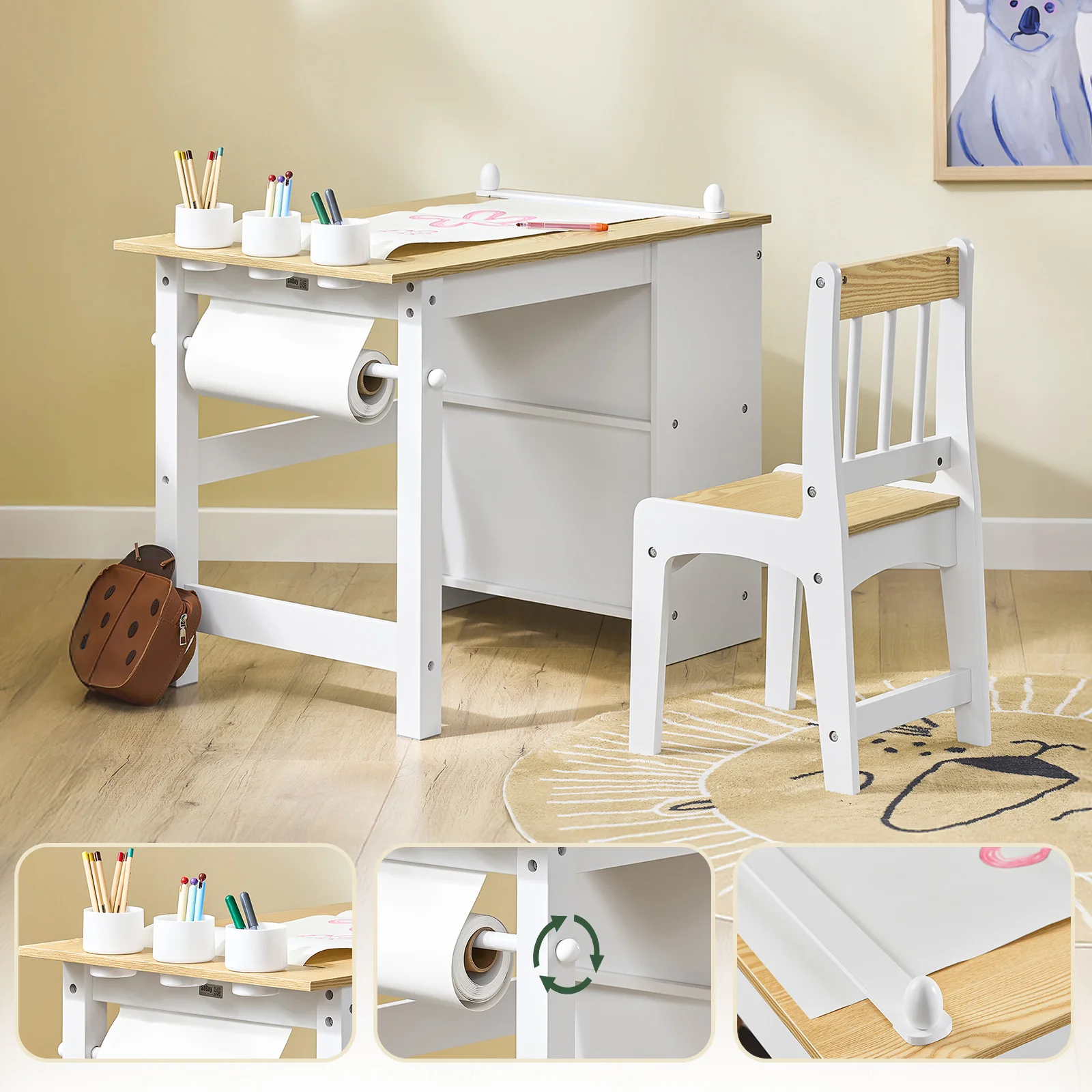 Pre-order SoBuy KMB60-WN Kindertafel met Stoel, 2-delige set, tafel en stoel voor kinderen, bureau met 2 planken, papierhouders en opbergvakken, wit/naturel, 80 x 50 x 66 cm - Image 3