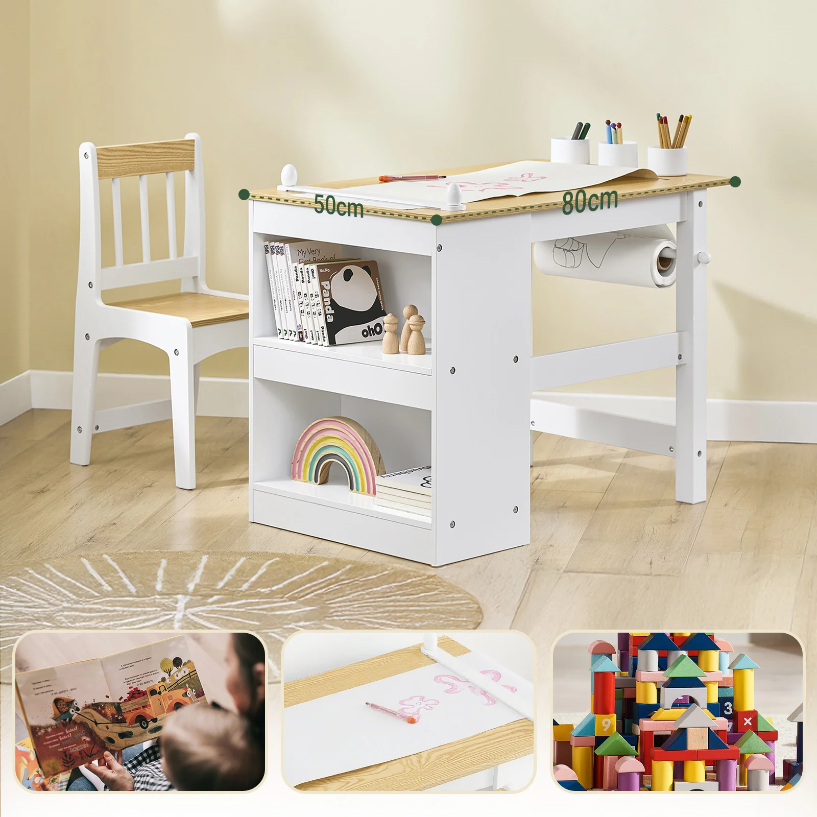 Pre-order SoBuy KMB60-WN Kindertafel met Stoel, 2-delige set, tafel en stoel voor kinderen, bureau met 2 planken, papierhouders en opbergvakken, wit/naturel, 80 x 50 x 66 cm - Image 4
