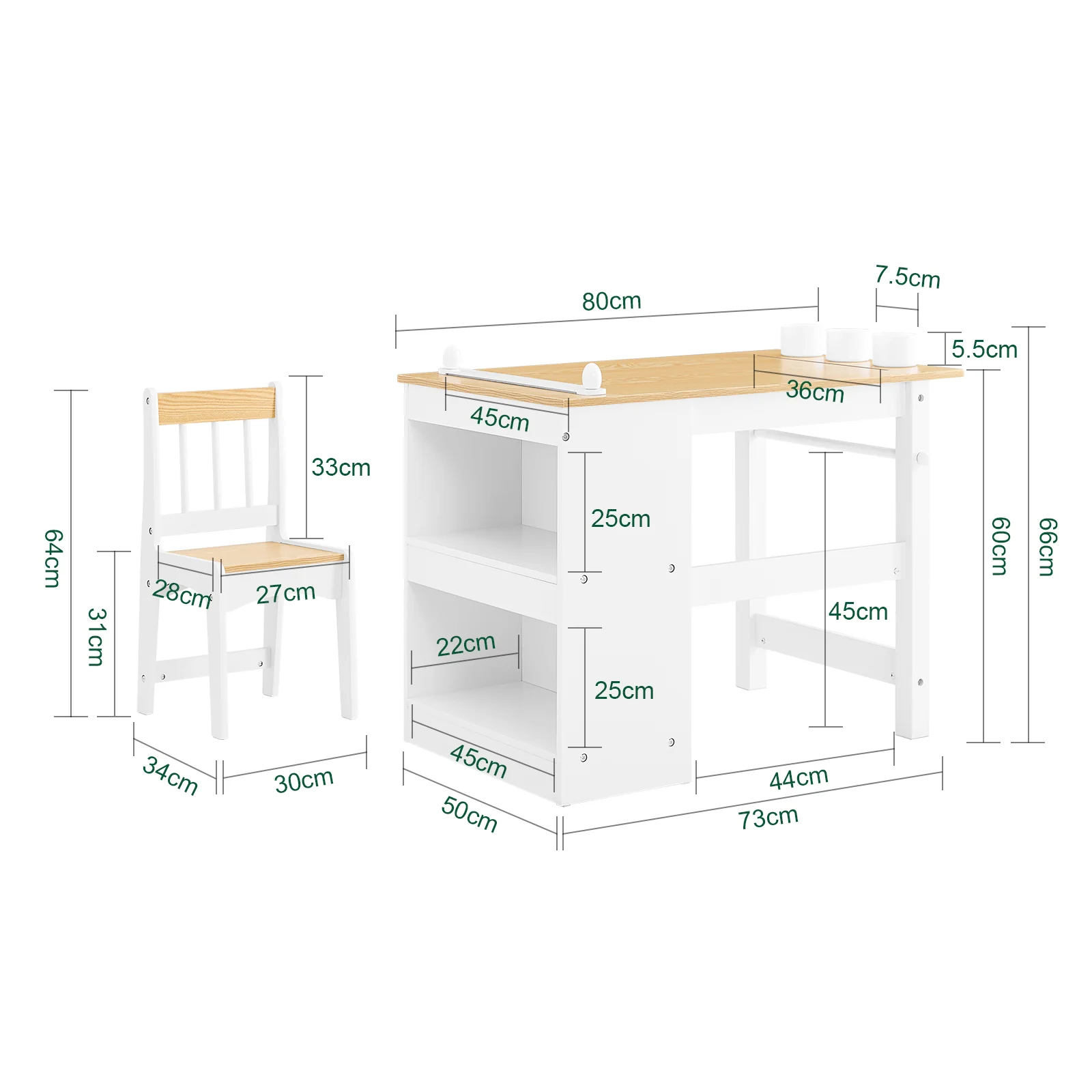 Pre-order SoBuy KMB60-WN Kindertafel met Stoel, 2-delige set, tafel en stoel voor kinderen, bureau met 2 planken, papierhouders en opbergvakken, wit/naturel, 80 x 50 x 66 cm - Image 5