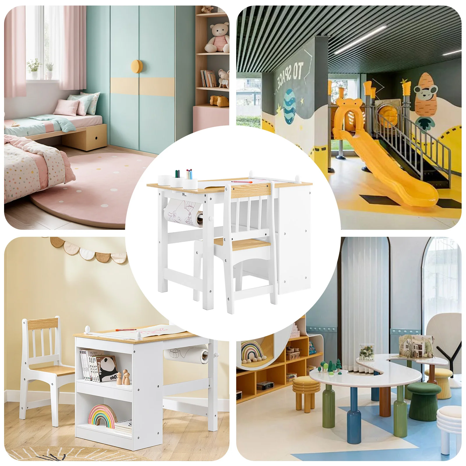 Pre-order SoBuy KMB60-WN Kindertafel met Stoel, 2-delige set, tafel en stoel voor kinderen, bureau met 2 planken, papierhouders en opbergvakken, wit/naturel, 80 x 50 x 66 cm - Image 6