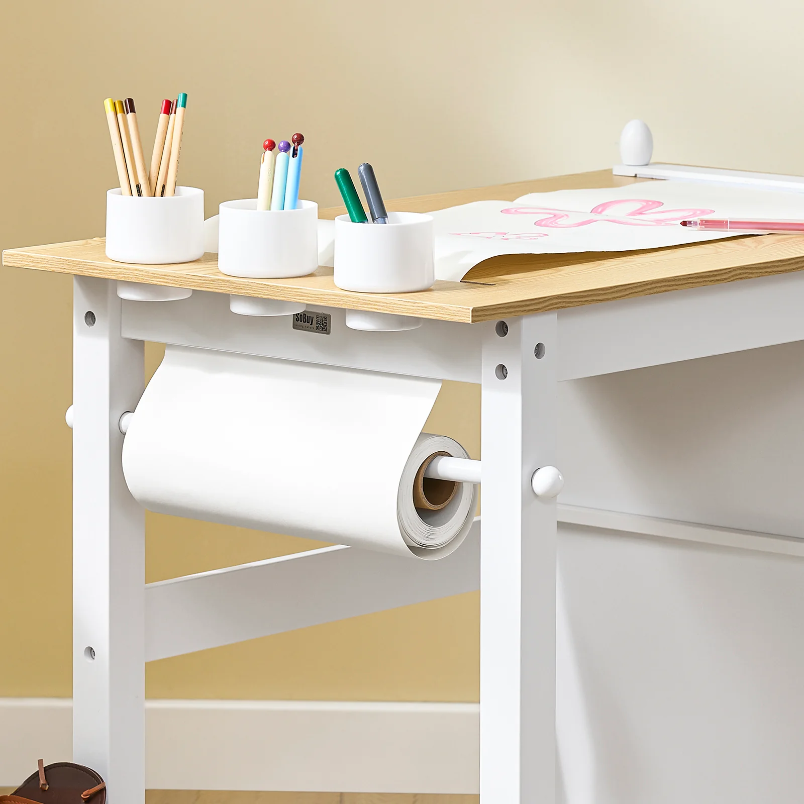 Pre-order SoBuy KMB60-WN Kindertafel met Stoel, 2-delige set, tafel en stoel voor kinderen, bureau met 2 planken, papierhouders en opbergvakken, wit/naturel, 80 x 50 x 66 cm - Image 8