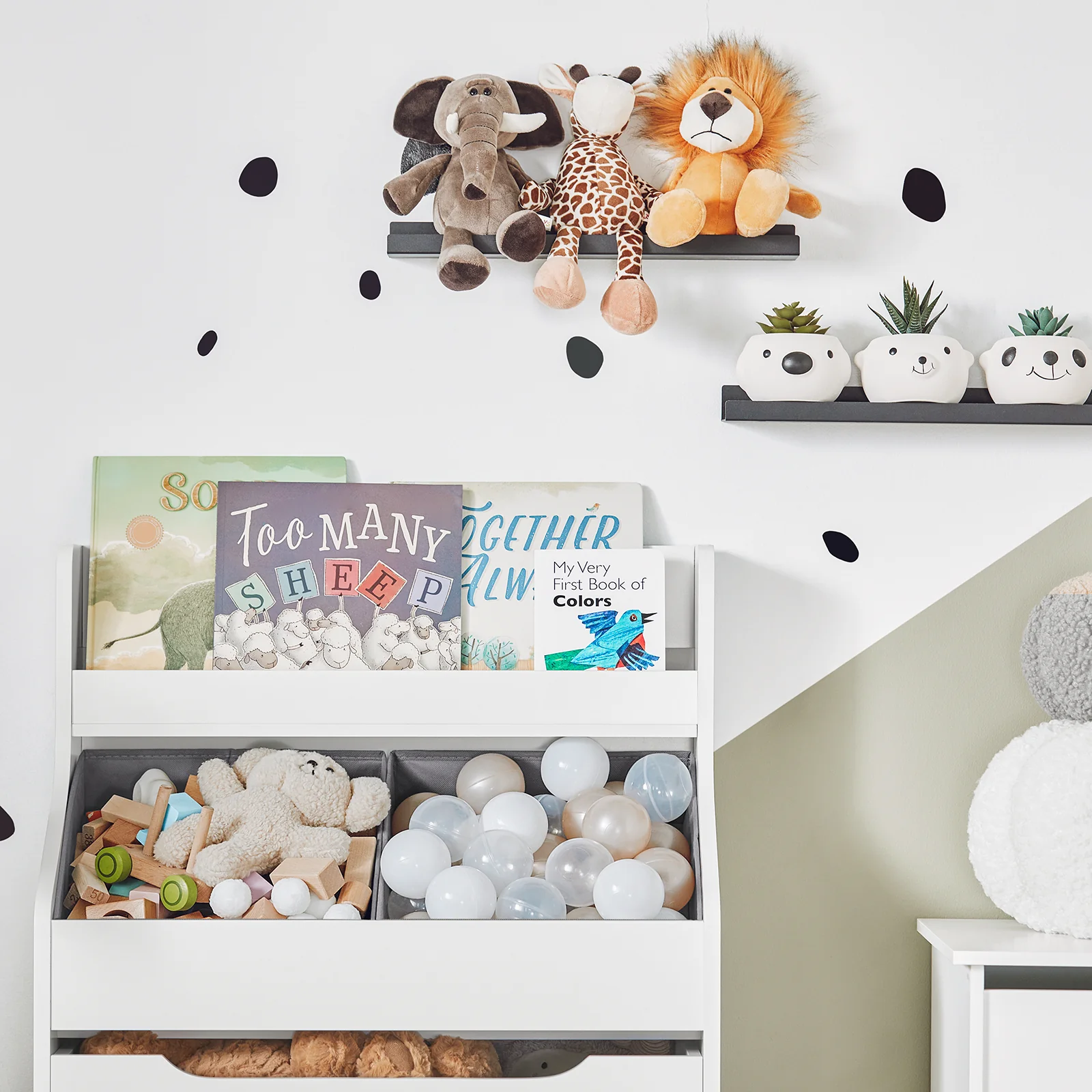 SoBuy KMB71-W Boekenrek voor Kinderen met 2 Manden en 1 Verrijdbaar Compartiment, Boekenkast Kinderen, Boekenplank - Image 9