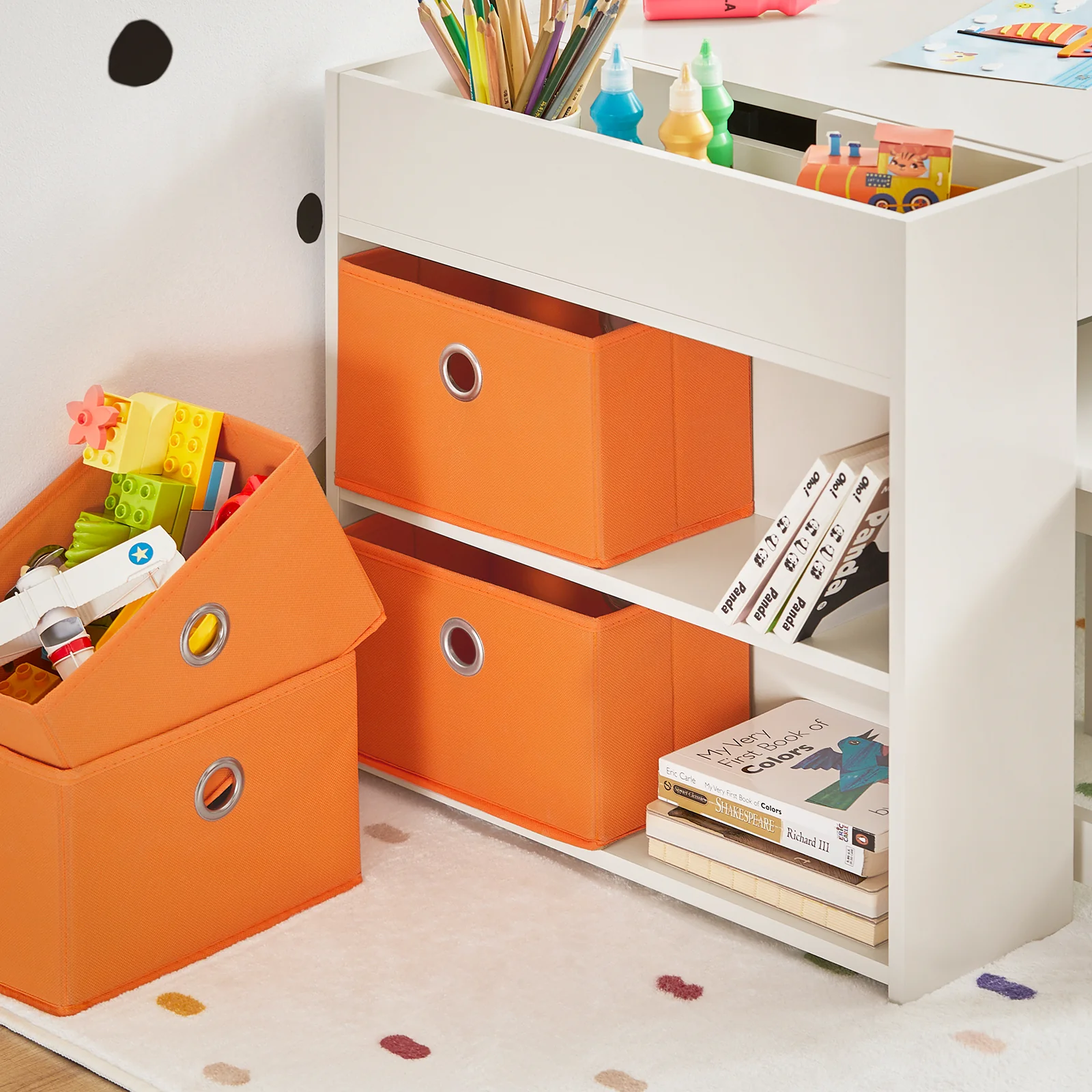 SoBuy KMB75-W Kindertafel met 2 Stoelen, Tafel en Stoelen Set met Opbergdozen, Bureau Stoel voor de Kinderkamer, Dubbelzijdige Bouwblok Tafel, Wit 87x50x50 cm - Image 13