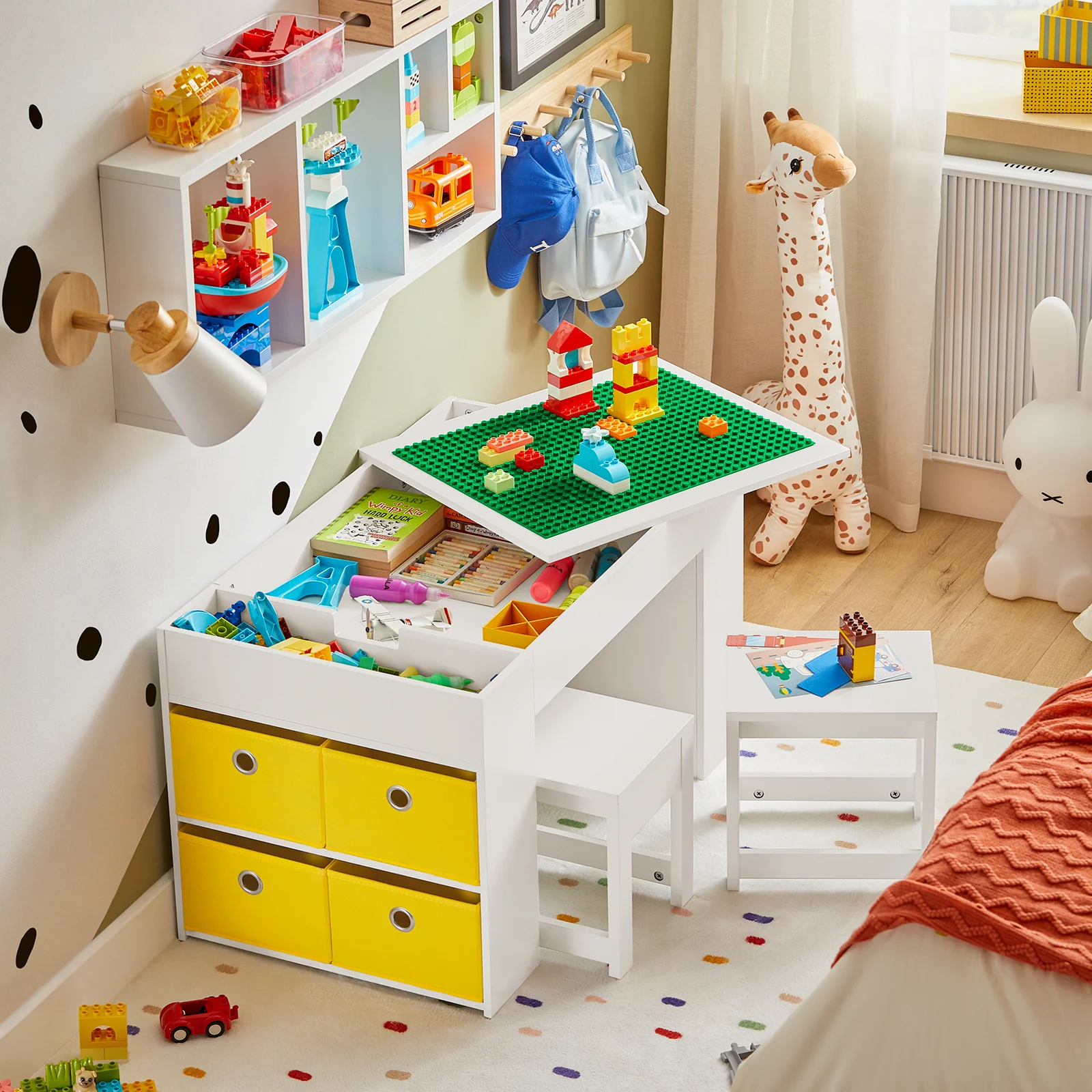 SoBuy KMB75-W Kindertafel met 2 Stoelen, Tafel en Stoelen Set met Opbergdozen, Bureau Stoel voor de Kinderkamer, Dubbelzijdige Bouwblok Tafel, Wit 87x50x50 cm - Image 15