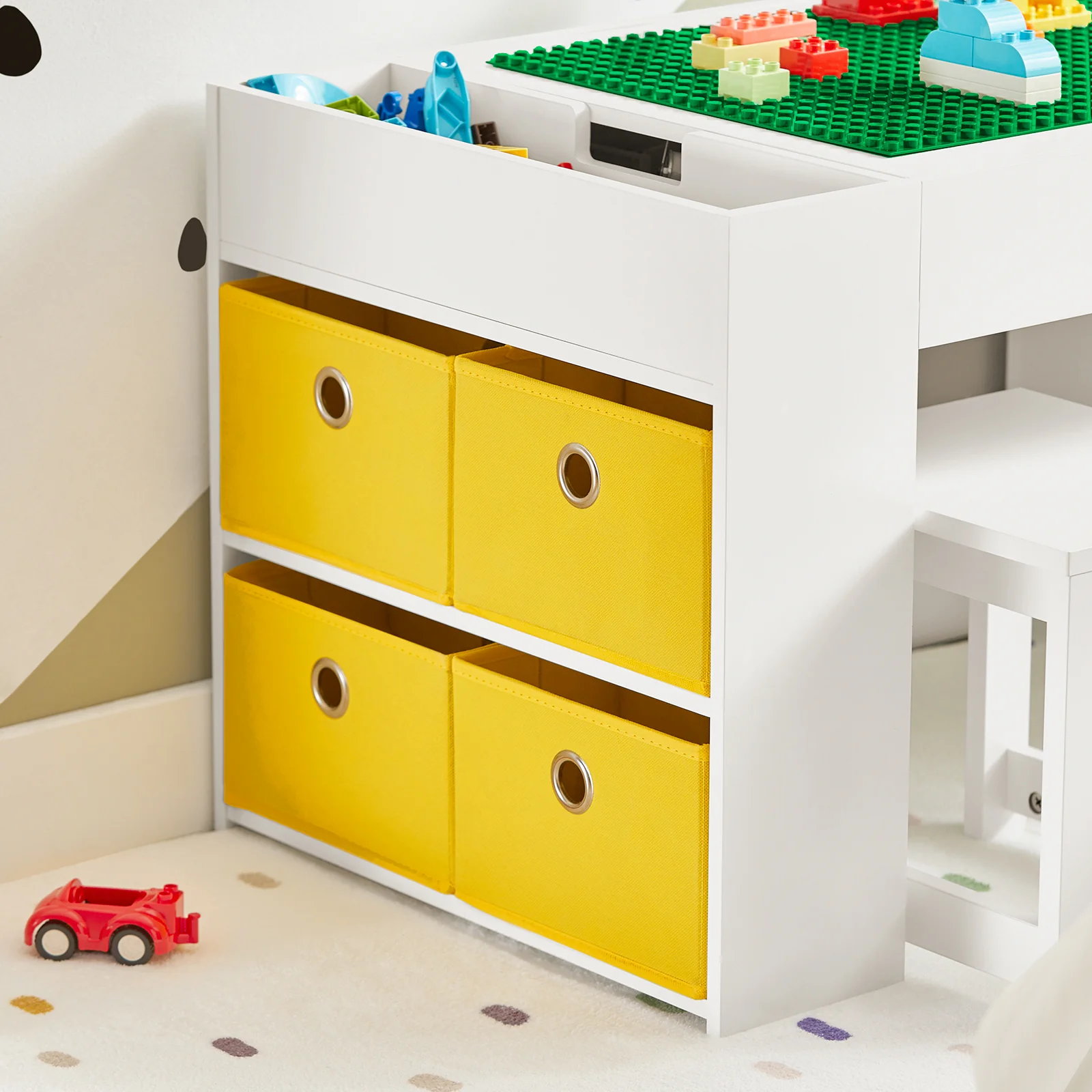 SoBuy KMB75-W Kindertafel met 2 Stoelen, Tafel en Stoelen Set met Opbergdozen, Bureau Stoel voor de Kinderkamer, Dubbelzijdige Bouwblok Tafel, Wit 87x50x50 cm - Image 6