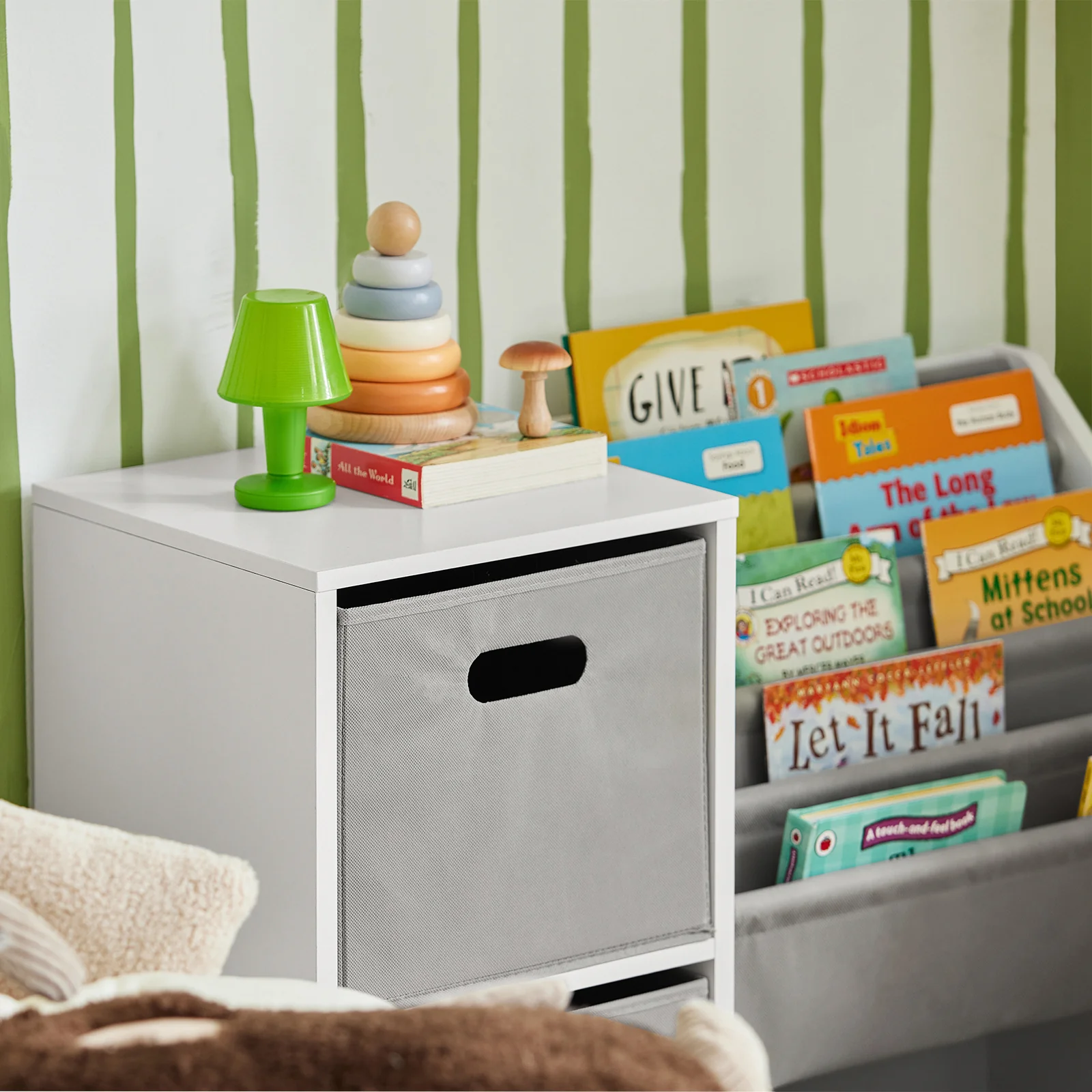 SoBuy KMB76-W Kinderboekenkast Kinderopbergrek Kinderrek, Speelgoedkast, Speelgoedplank met 2 Manden, 5 Planken en 1 Vak - Image 5