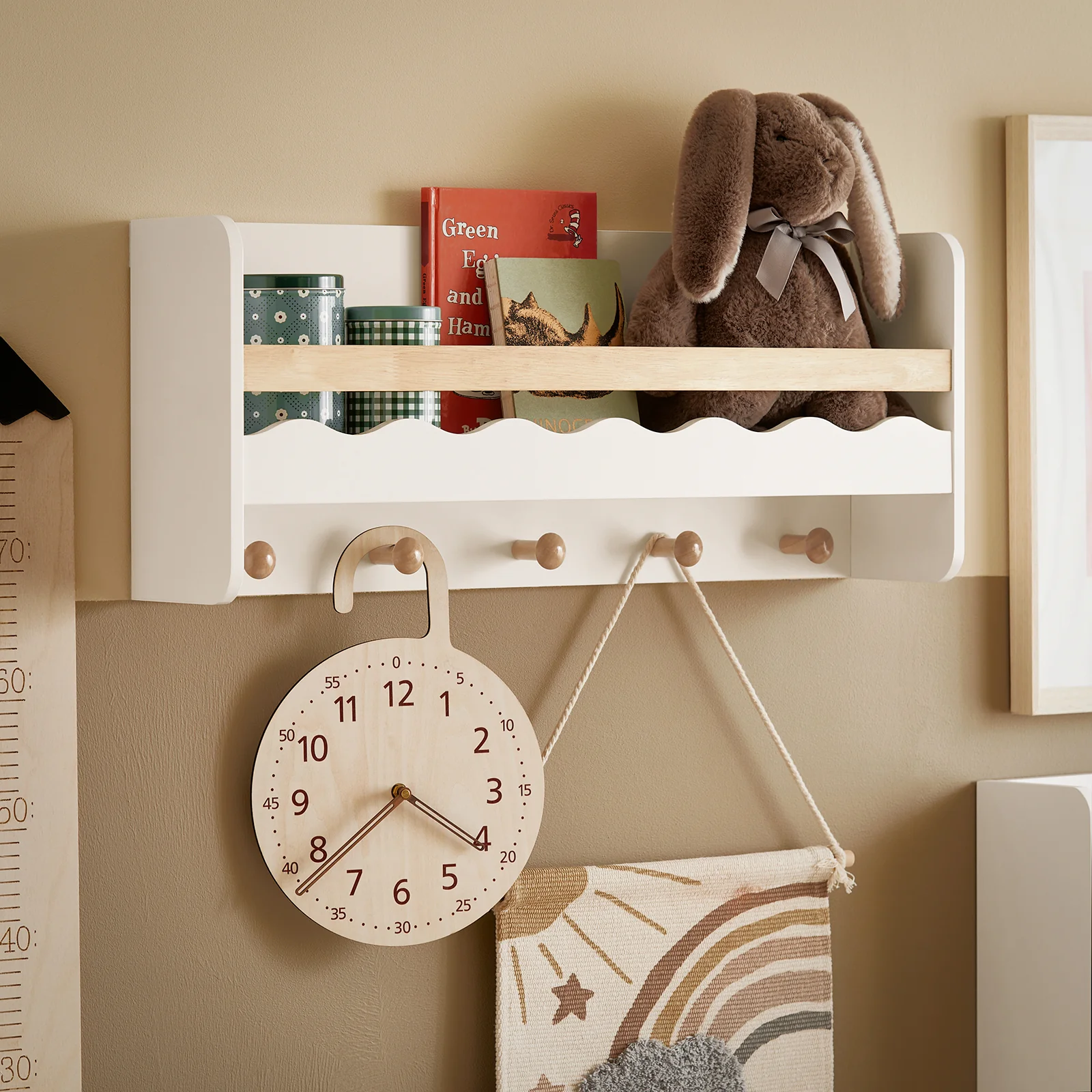 SoBuy KMB78-W Wandplank voor Kinder, Hangende Opbergplank, Kinderkapstok, Boekenplank, Wand Boekenkast met 1 Plank en 5 Haken voor Kinderkamer - Image 3
