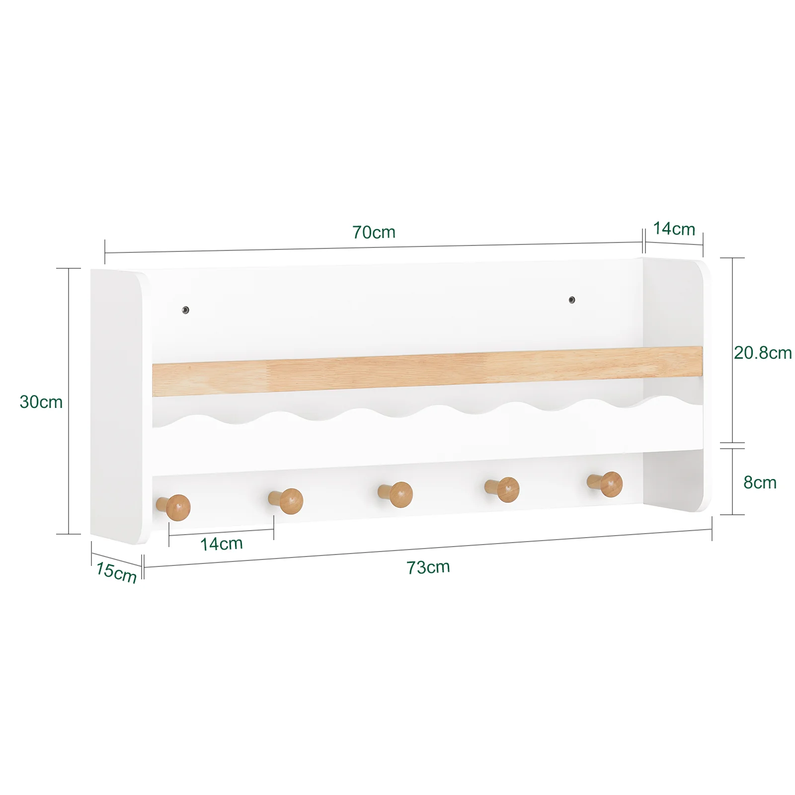 SoBuy KMB78-W Wandplank voor Kinder, Hangende Opbergplank, Kinderkapstok, Boekenplank, Wand Boekenkast met 1 Plank en 5 Haken voor Kinderkamer - Image 4