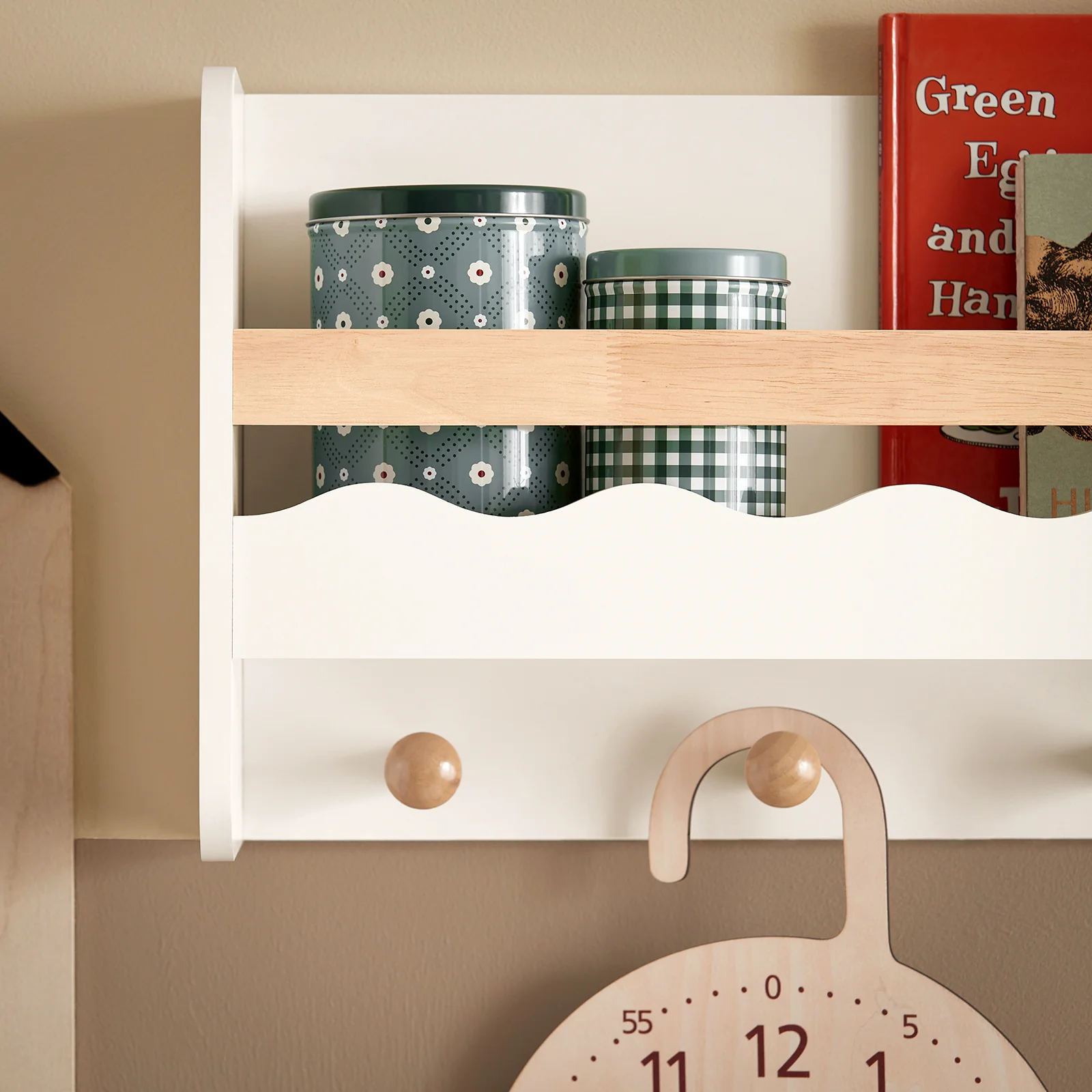 SoBuy KMB78-W Wandplank voor Kinder, Hangende Opbergplank, Kinderkapstok, Boekenplank, Wand Boekenkast met 1 Plank en 5 Haken voor Kinderkamer - Image 7