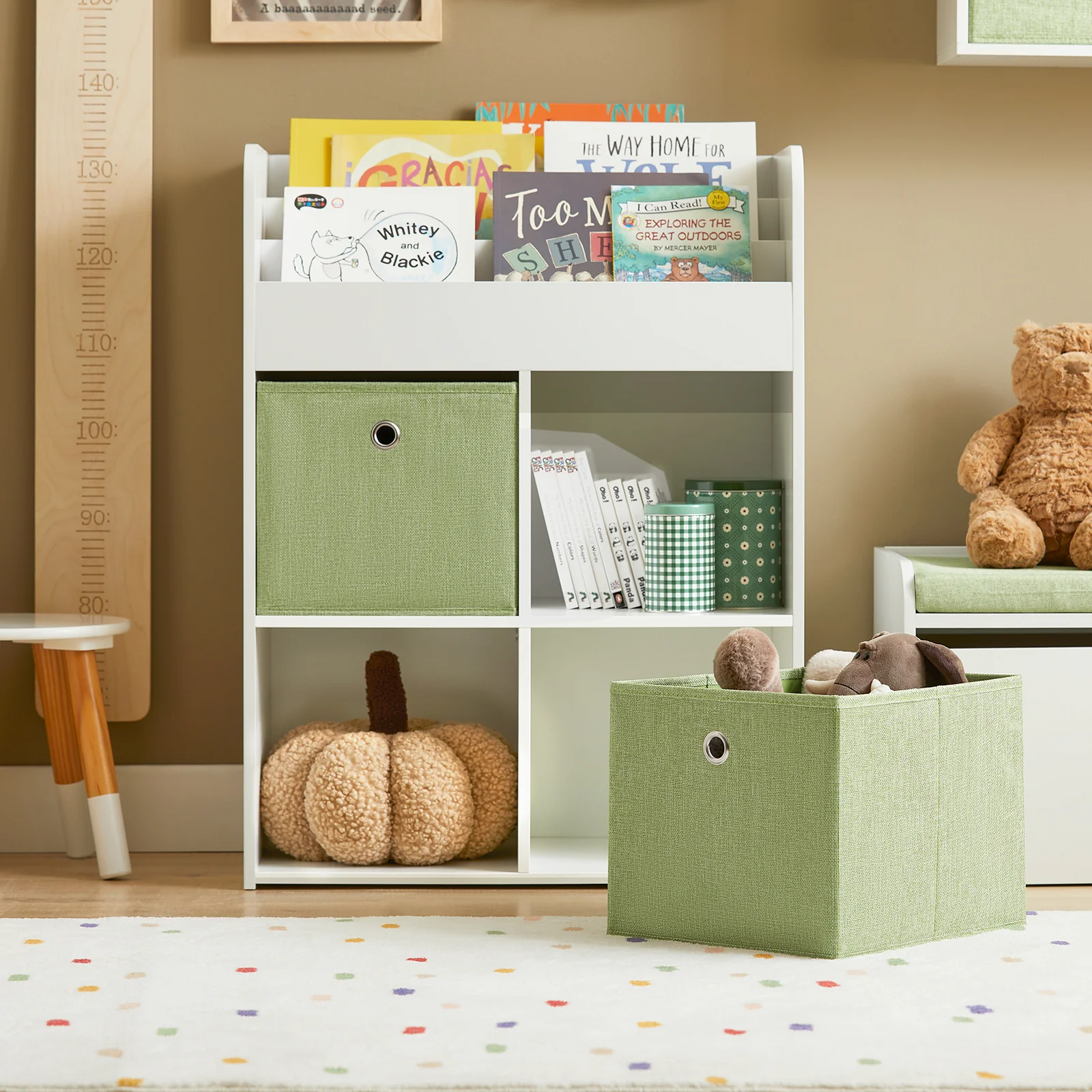 SoBuy KMB79-W Kinderbibliotheek, Speelgoed- en Boekenrek, Opbergmeubel met 3 Planken, 4 Vakjes en 2 Opbergdozen, 60x34x80 cm - Image 10