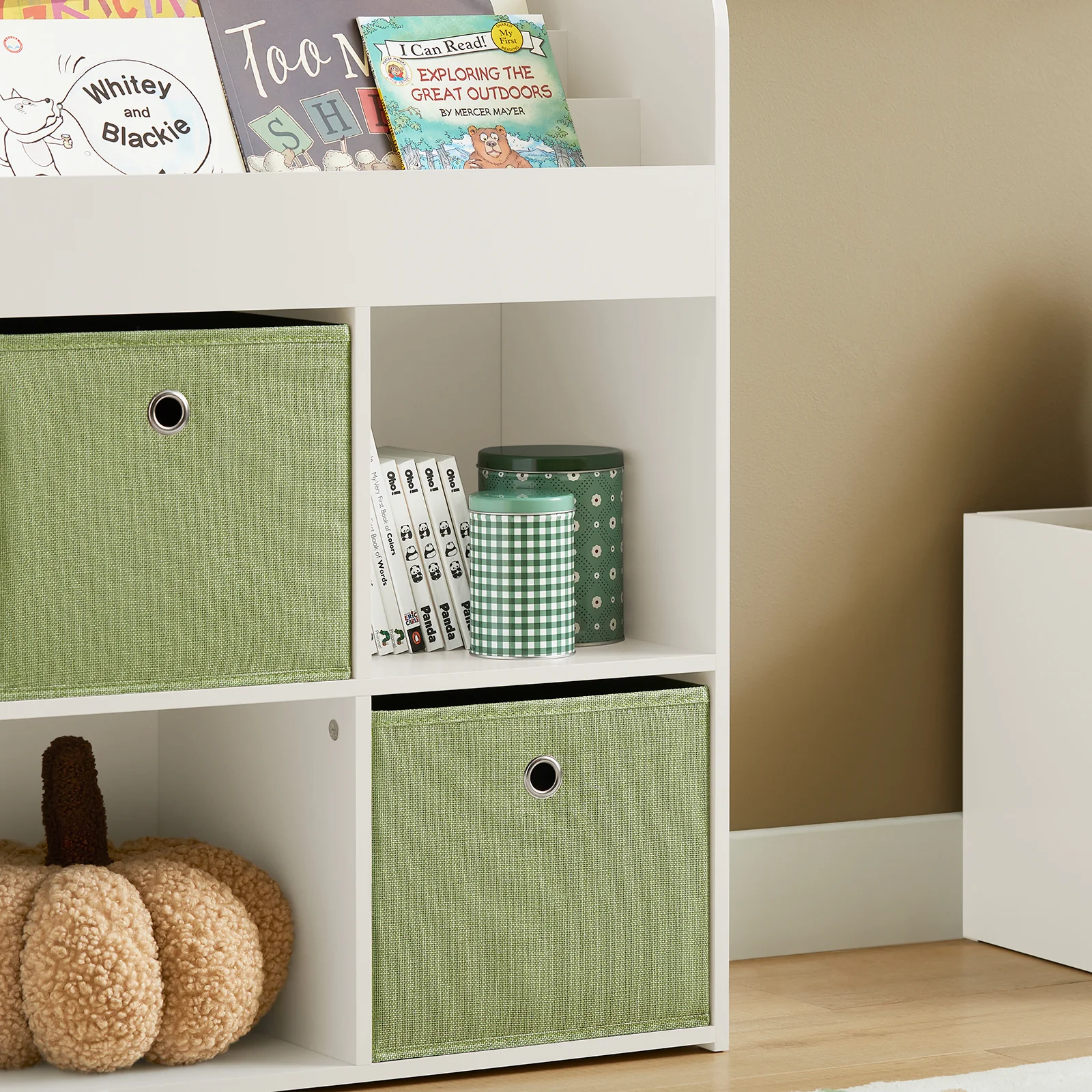 SoBuy KMB79-W Kinderbibliotheek, Speelgoed- en Boekenrek, Opbergmeubel met 3 Planken, 4 Vakjes en 2 Opbergdozen, 60x34x80 cm - Image 11