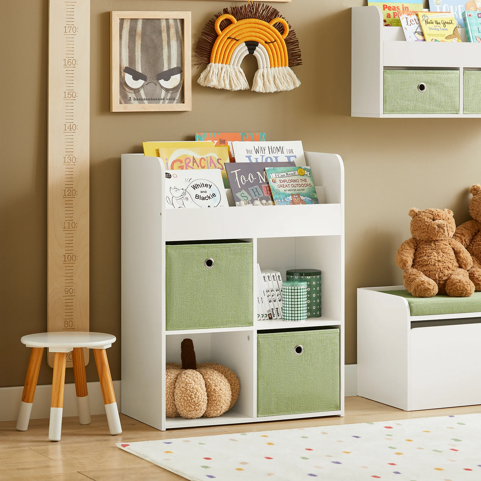 SoBuy KMB79-W Kinderbibliotheek, Speelgoed- en Boekenrek, Opbergmeubel met 3 Planken, 4 Vakjes en 2 Opbergdozen, 60x34x80 cm - Image 3