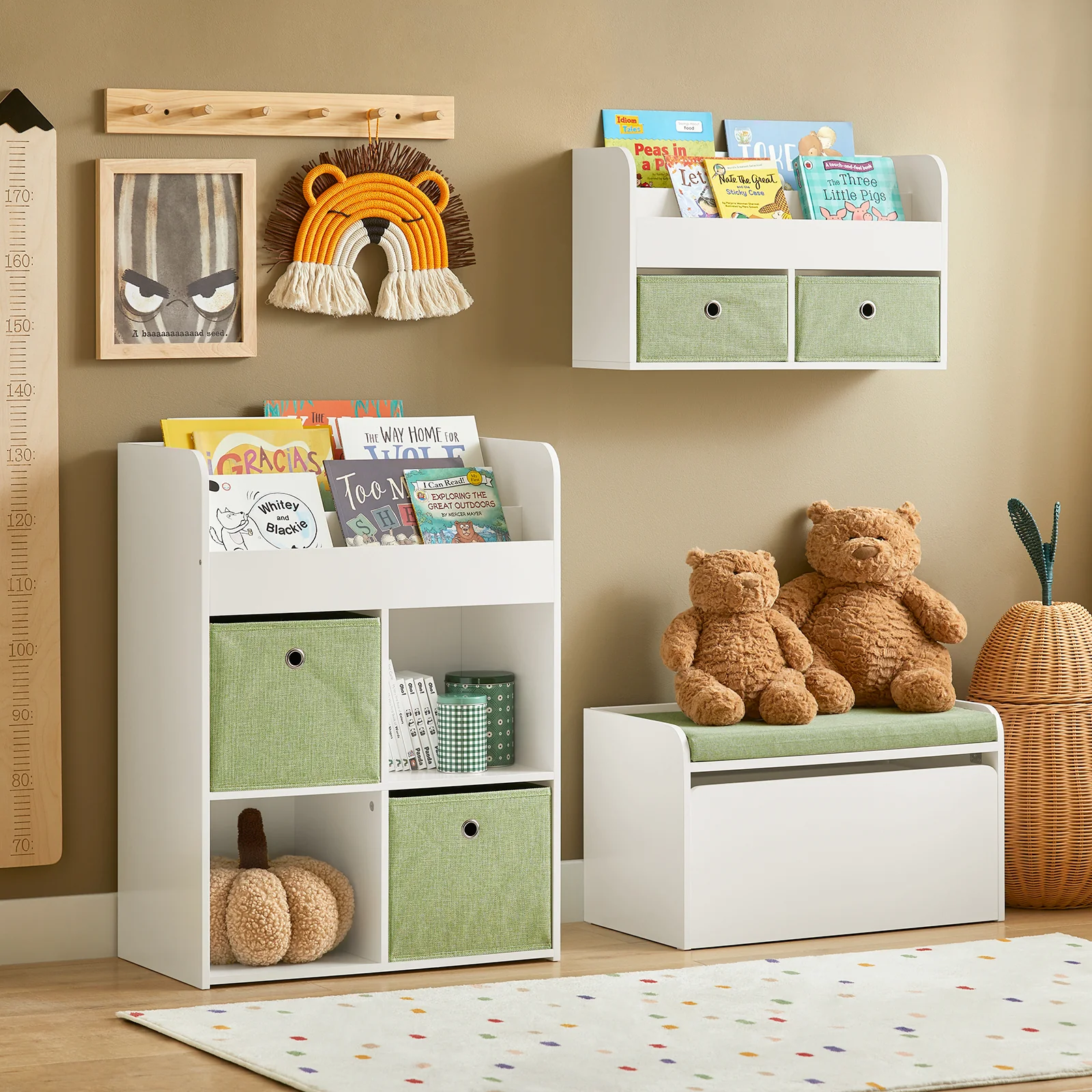 SoBuy KMB79-W Kinderbibliotheek, Speelgoed- en Boekenrek, Opbergmeubel met 3 Planken, 4 Vakjes en 2 Opbergdozen, 60x34x80 cm - Image 4