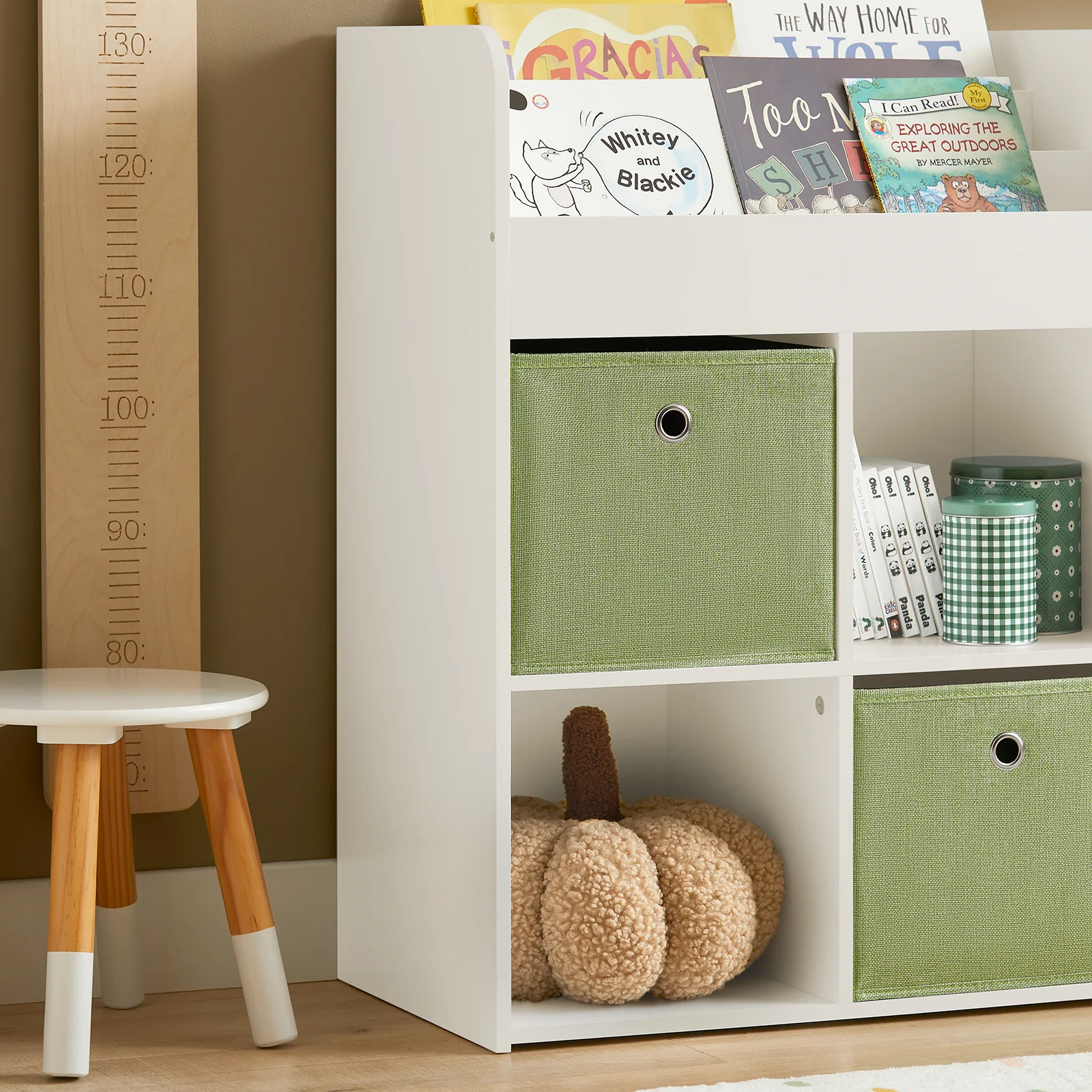 SoBuy KMB79-W Kinderbibliotheek, Speelgoed- en Boekenrek, Opbergmeubel met 3 Planken, 4 Vakjes en 2 Opbergdozen, 60x34x80 cm - Image 7
