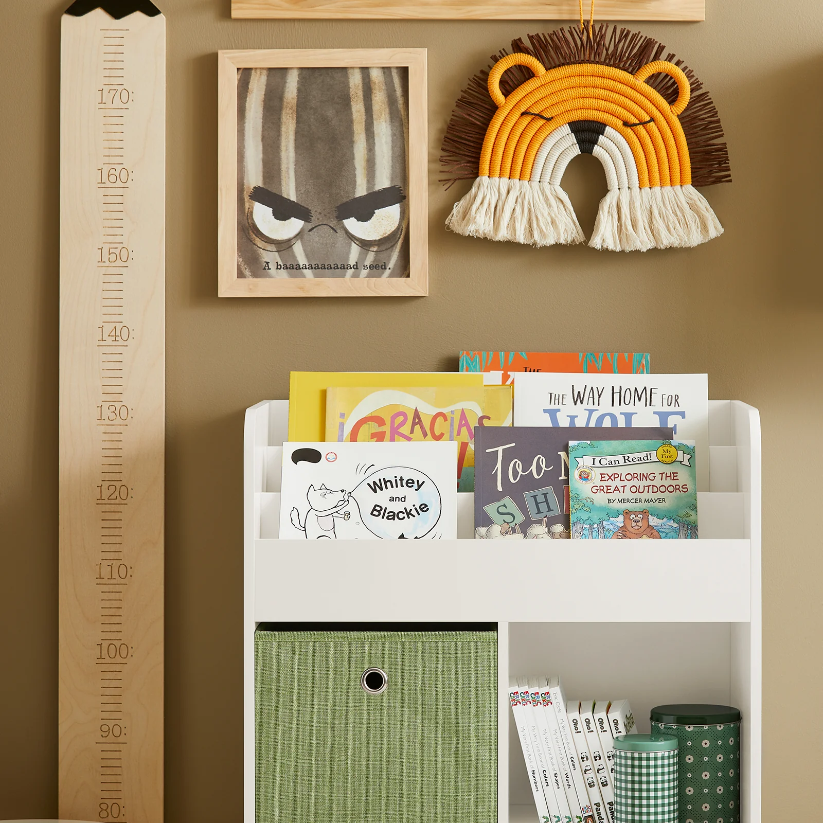SoBuy KMB79-W Kinderbibliotheek, Speelgoed- en Boekenrek, Opbergmeubel met 3 Planken, 4 Vakjes en 2 Opbergdozen, 60x34x80 cm - Image 8