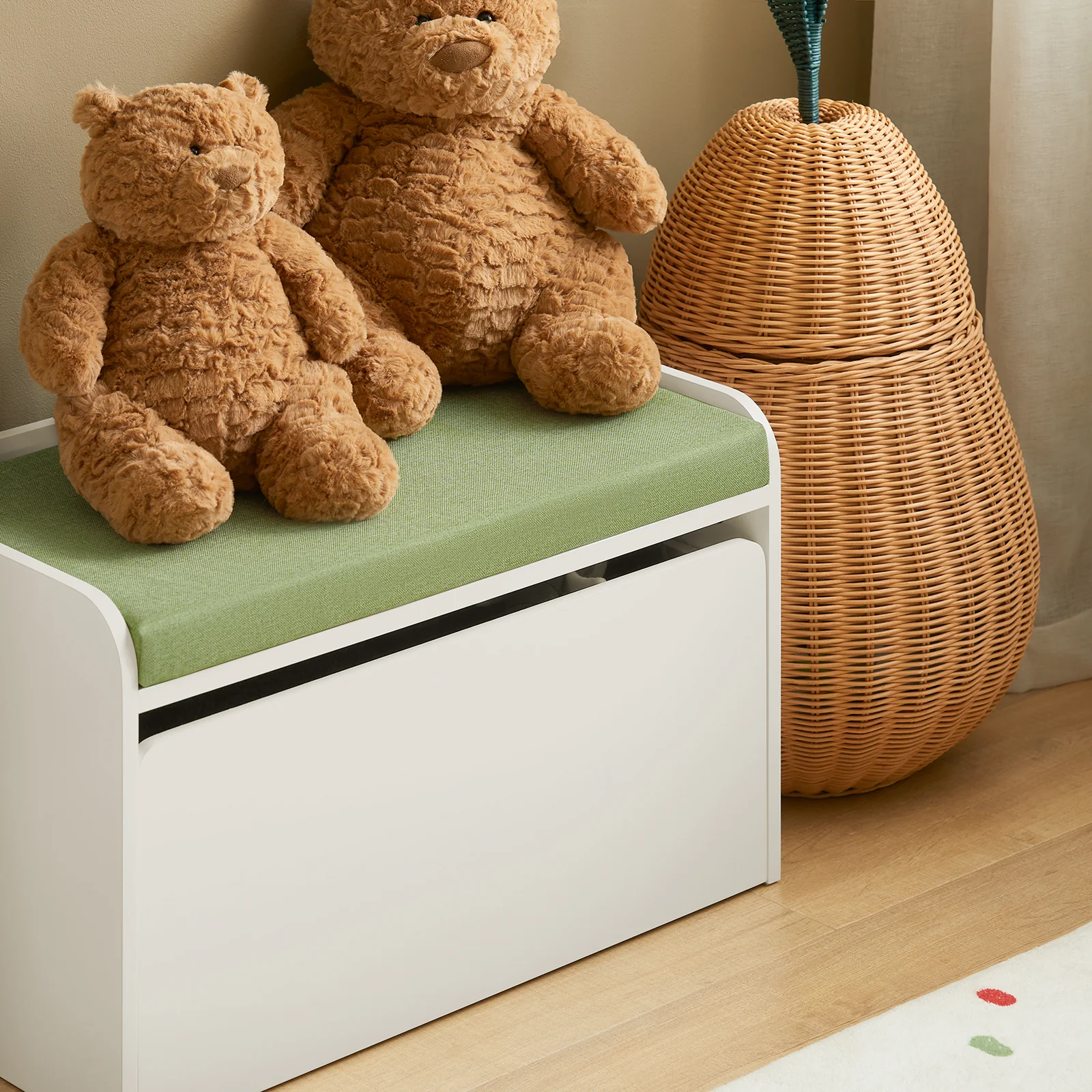 SoBuy KMB80-W Speelgoedkist voor Kinderen, Speelgoed Opbergdoos, Speelgoedkist Bank voor Kinderen, Kinderboekenplank, Opbergkast met 1 Lade op Wielen en Gewatteerde Zitting met Kussen - Image 6
