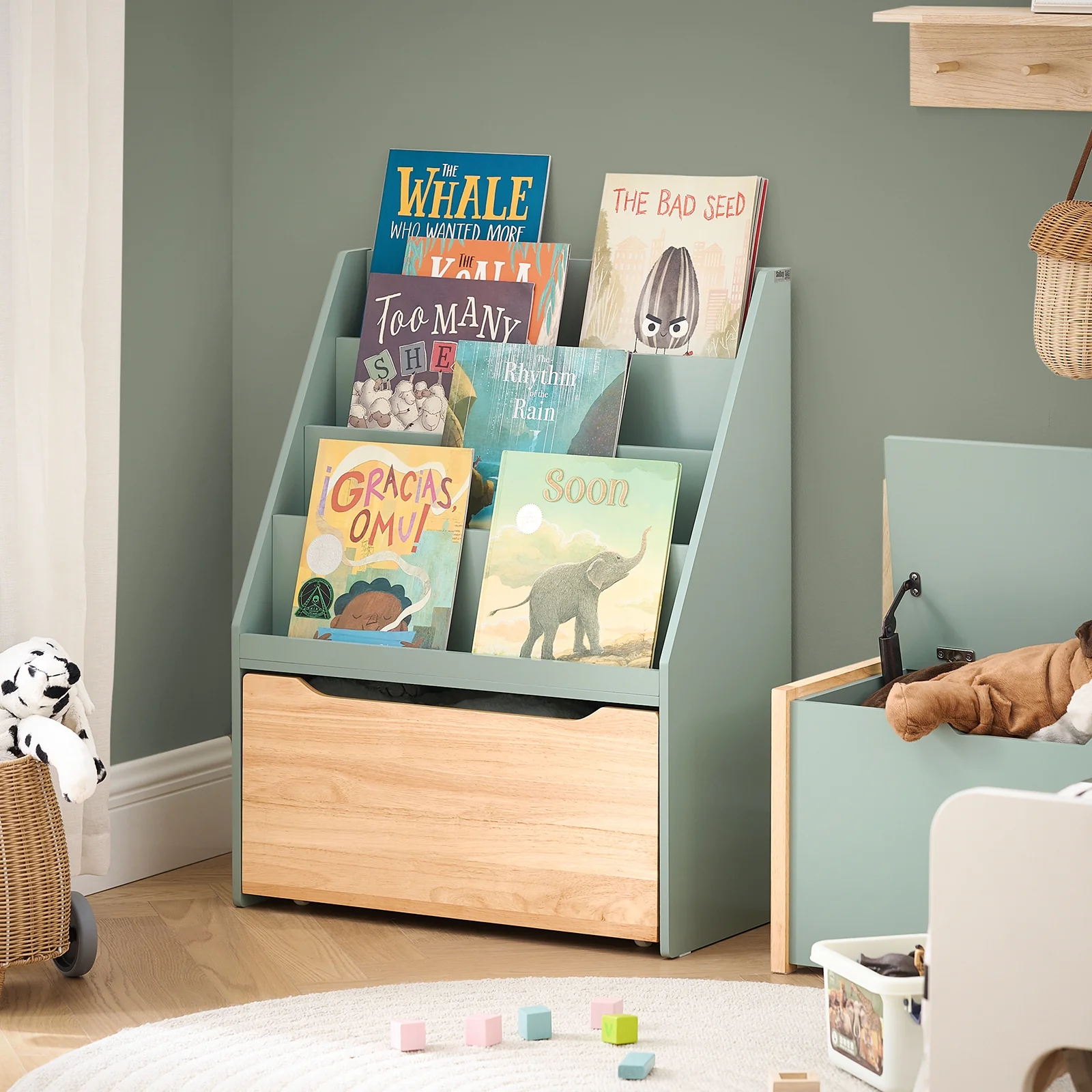 Pre-order SoBuy KMB95-GR Kinderboekenkast met Wielen – Kinderbibliotheek & Opbergmeubel met 4 Vakken en Lade, voor Boeken & Speelgoed, 80 cm Hoog - Image 3
