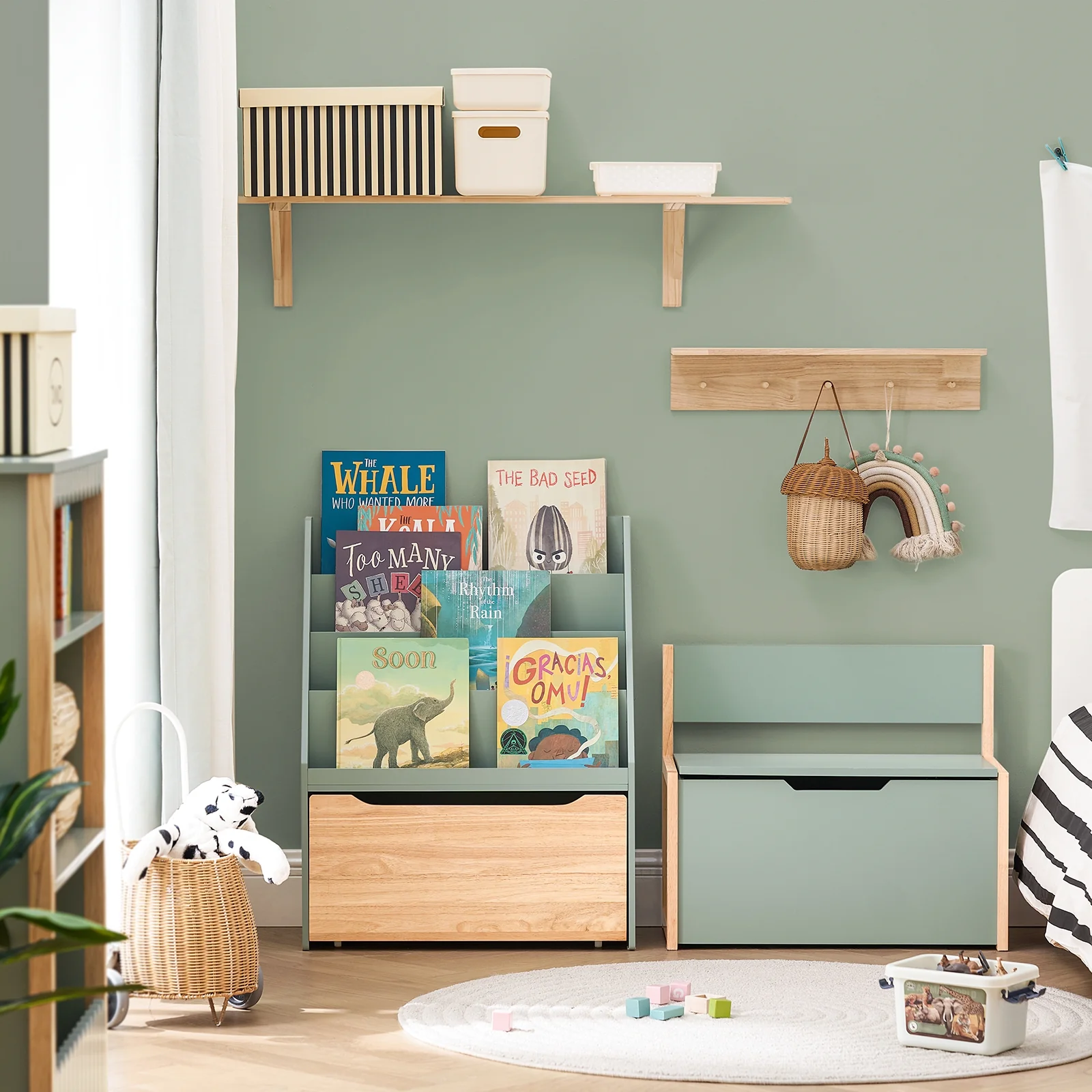 Pre-order SoBuy KMB95-GR Kinderboekenkast met Wielen – Kinderbibliotheek & Opbergmeubel met 4 Vakken en Lade, voor Boeken & Speelgoed, 80 cm Hoog - Image 5