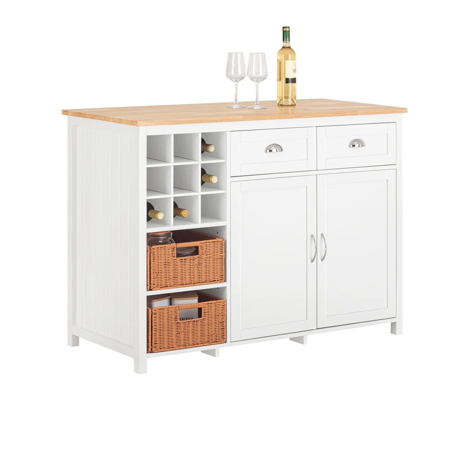 SoBuy KNL05-W Keukeneiland met Wijnrek voor 9 Flessen – Keukenkast & Barmeubel met 2 Lades, 2 Deuren en Rotan Mandjes – 120×56×90 cm