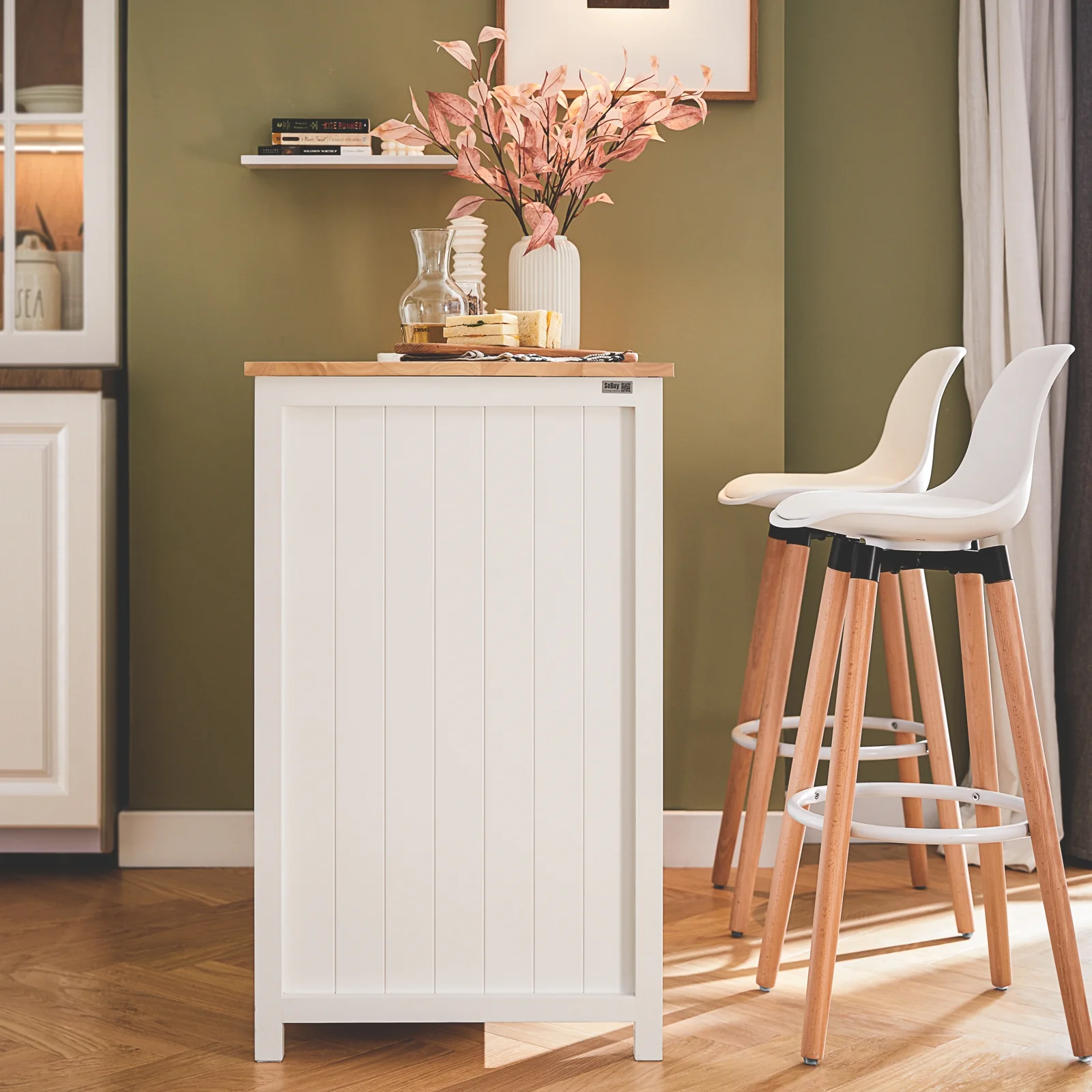 SoBuy KNL05-W Keukeneiland met Wijnrek voor 9 Flessen – Keukenkast & Barmeubel met 2 Lades, 2 Deuren en Rotan Mandjes – 120×56×90 cm - Image 14