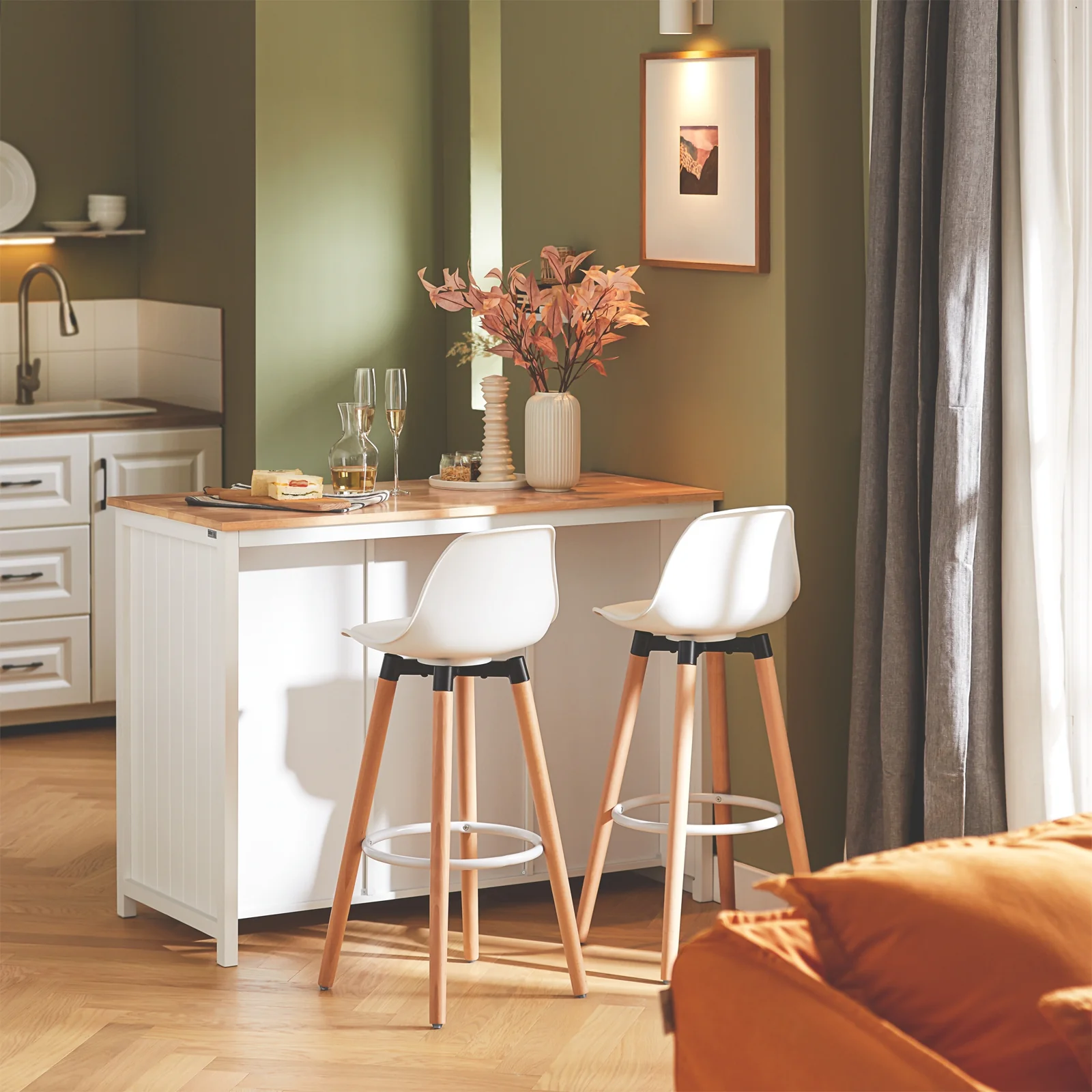 SoBuy KNL05-W Keukeneiland met Wijnrek voor 9 Flessen – Keukenkast & Barmeubel met 2 Lades, 2 Deuren en Rotan Mandjes – 120×56×90 cm - Image 17