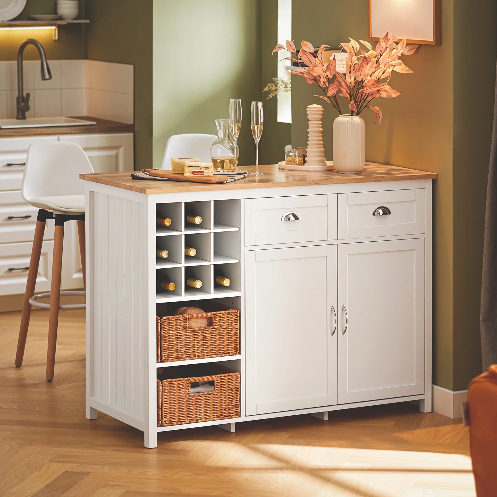 SoBuy KNL05-W Keukeneiland met Wijnrek voor 9 Flessen – Keukenkast & Barmeubel met 2 Lades, 2 Deuren en Rotan Mandjes – 120×56×90 cm - Image 3