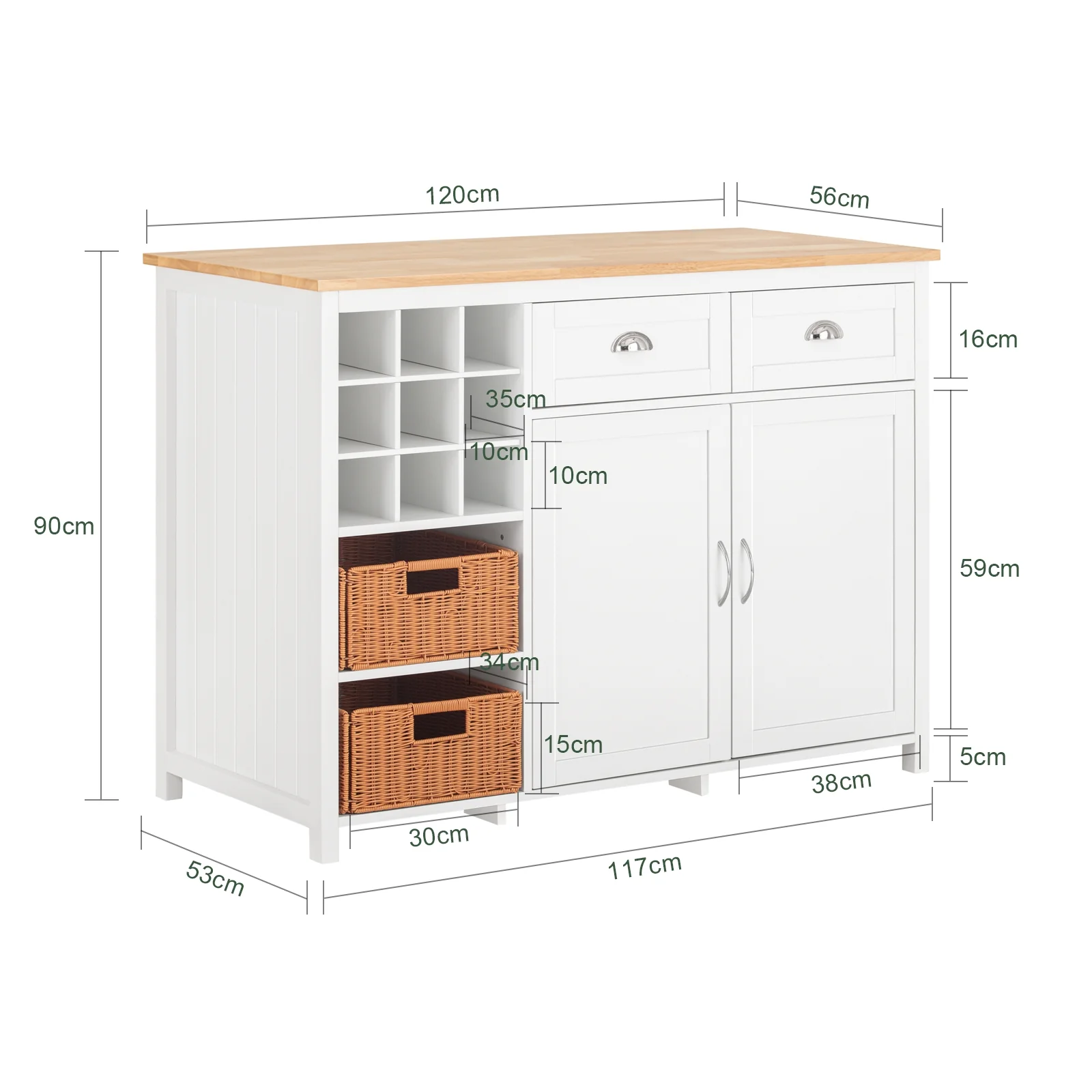 SoBuy KNL05-W Keukeneiland met Wijnrek voor 9 Flessen – Keukenkast & Barmeubel met 2 Lades, 2 Deuren en Rotan Mandjes – 120×56×90 cm - Image 5