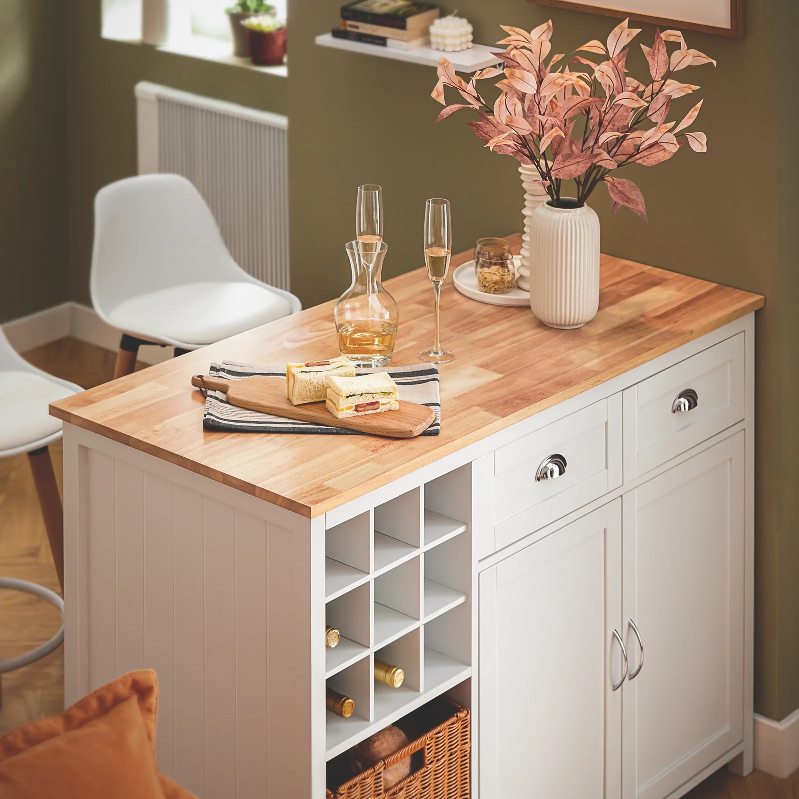 SoBuy KNL05-W Keukeneiland met Wijnrek voor 9 Flessen – Keukenkast & Barmeubel met 2 Lades, 2 Deuren en Rotan Mandjes – 120×56×90 cm - Image 6