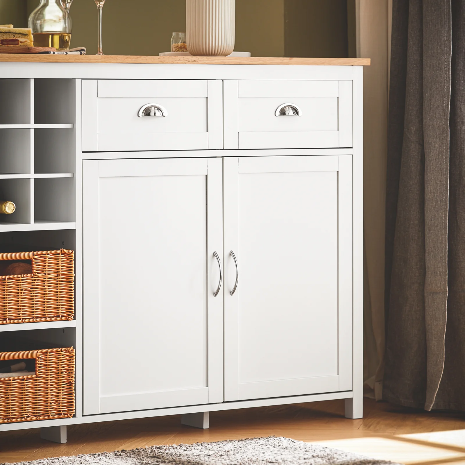 SoBuy KNL05-W Keukeneiland met Wijnrek voor 9 Flessen – Keukenkast & Barmeubel met 2 Lades, 2 Deuren en Rotan Mandjes – 120×56×90 cm - Image 8