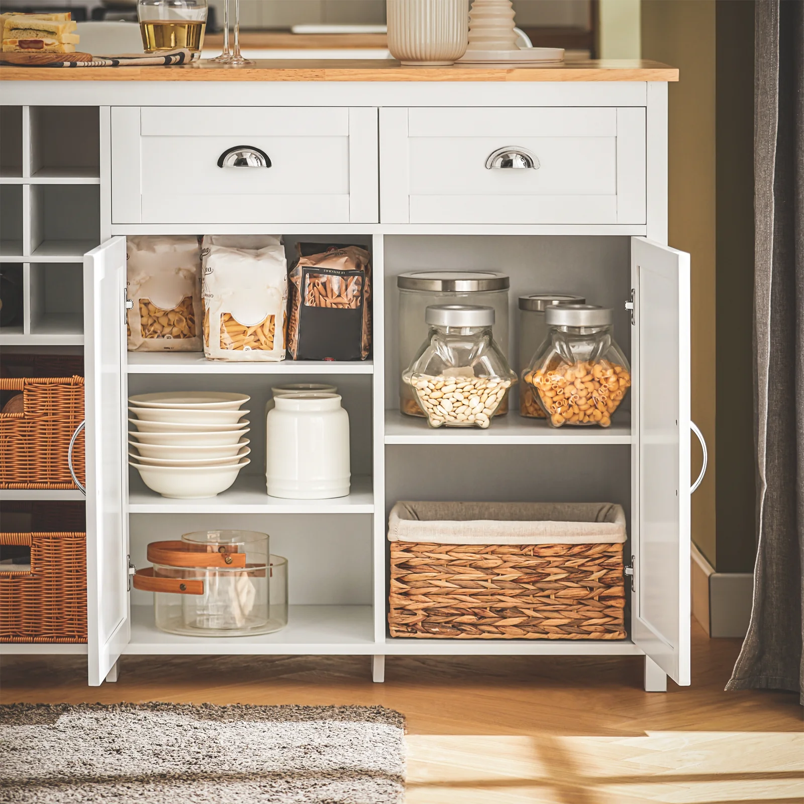 SoBuy KNL05-W Keukeneiland met Wijnrek voor 9 Flessen – Keukenkast & Barmeubel met 2 Lades, 2 Deuren en Rotan Mandjes – 120×56×90 cm - Image 9