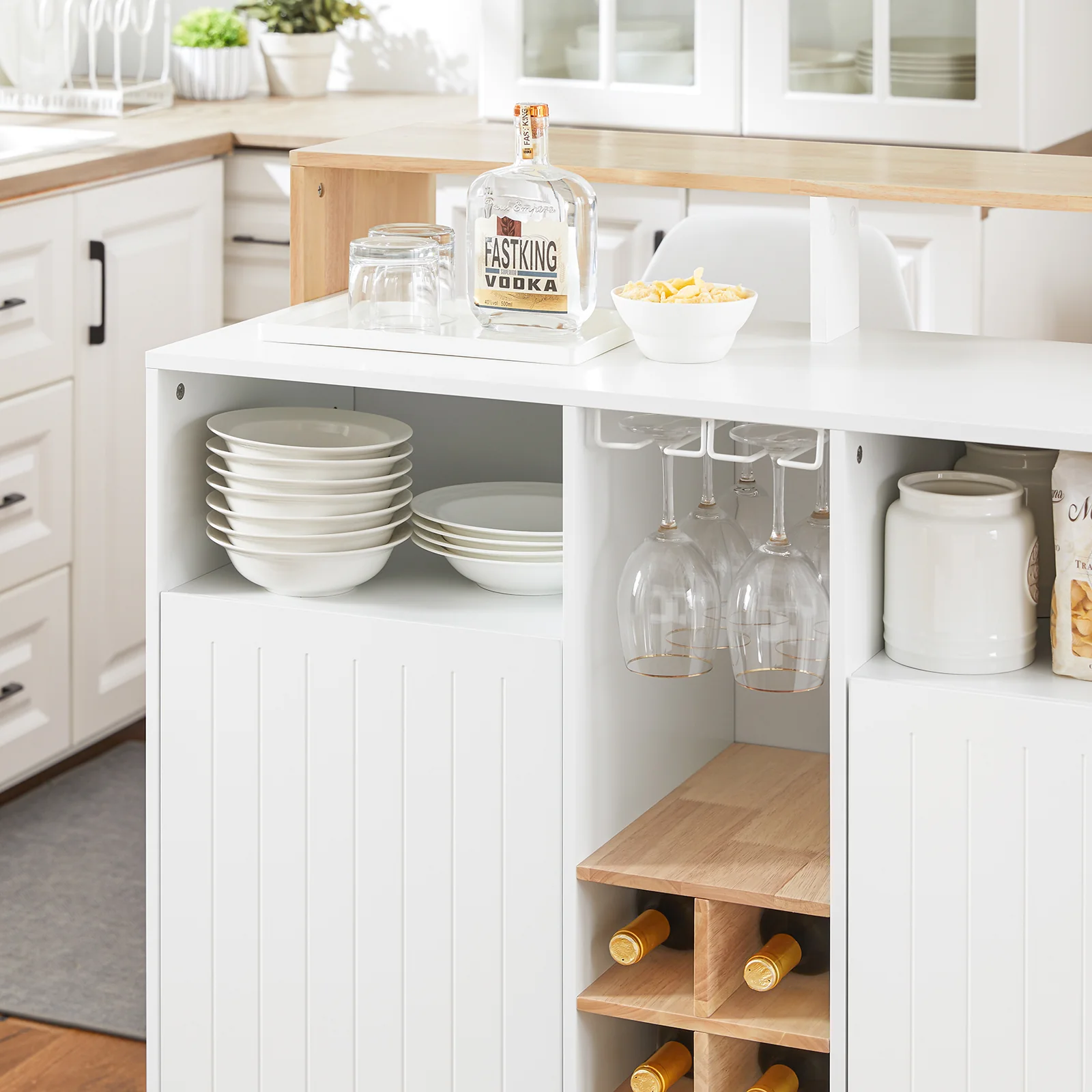 SoBuy KNL07-WN Keukeneiland met Wijnrek – Multifunctionele Opbergkast & Barmeubel – Dressoir voor Keuken en Woonkamer – Wit & Natuurhout – 105×60×105 cm - Image 10