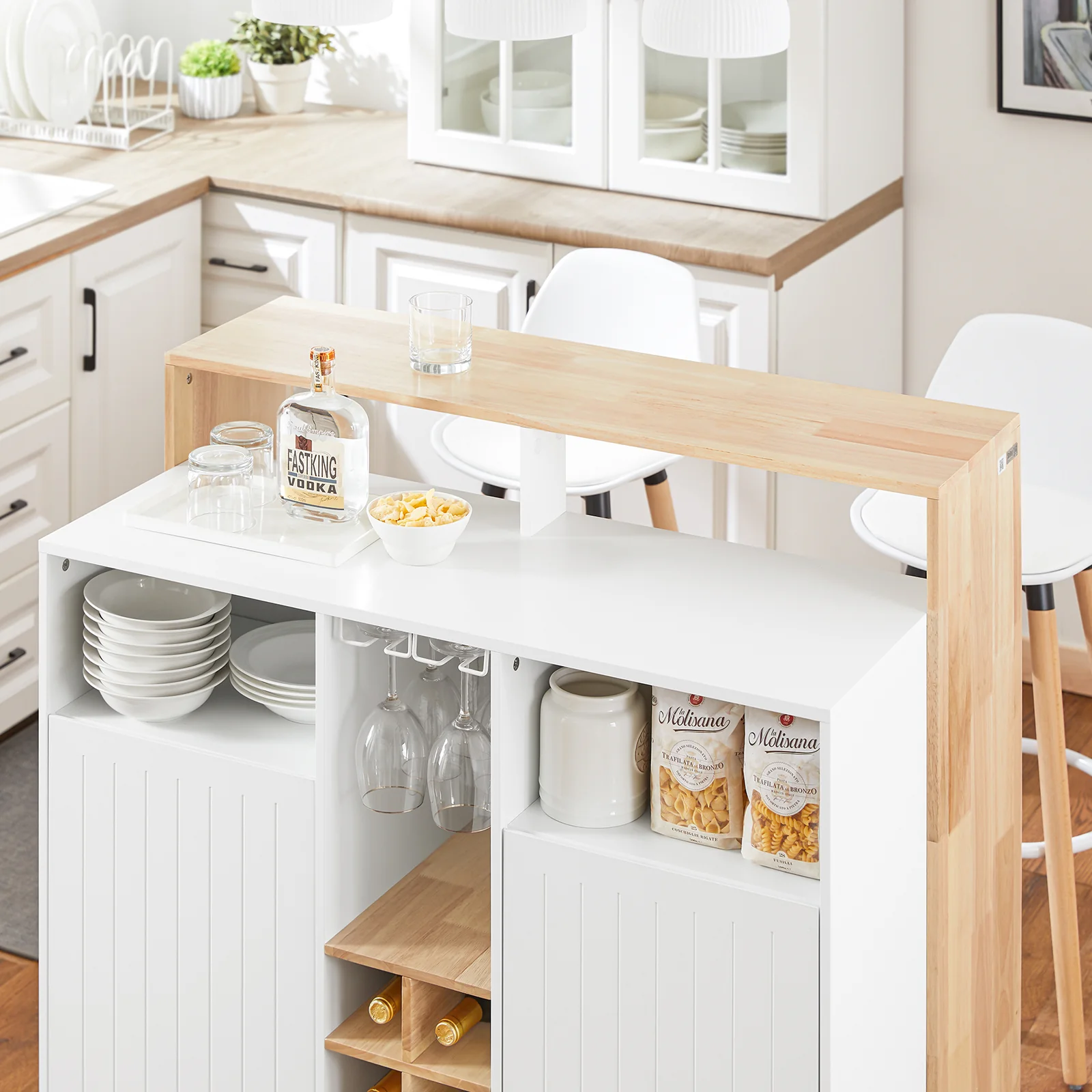 SoBuy KNL07-WN Keukeneiland met Wijnrek – Multifunctionele Opbergkast & Barmeubel – Dressoir voor Keuken en Woonkamer – Wit & Natuurhout – 105×60×105 cm - Image 13