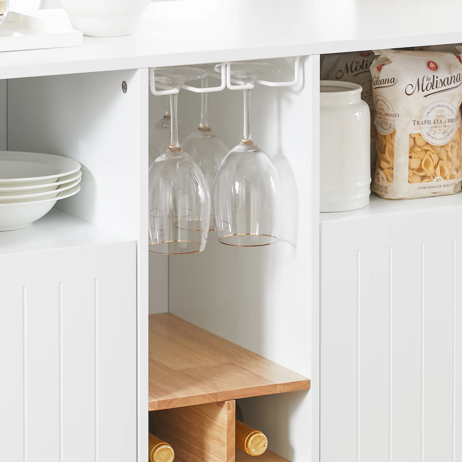 SoBuy KNL07-WN Keukeneiland met Wijnrek – Multifunctionele Opbergkast & Barmeubel – Dressoir voor Keuken en Woonkamer – Wit & Natuurhout – 105×60×105 cm - Image 8