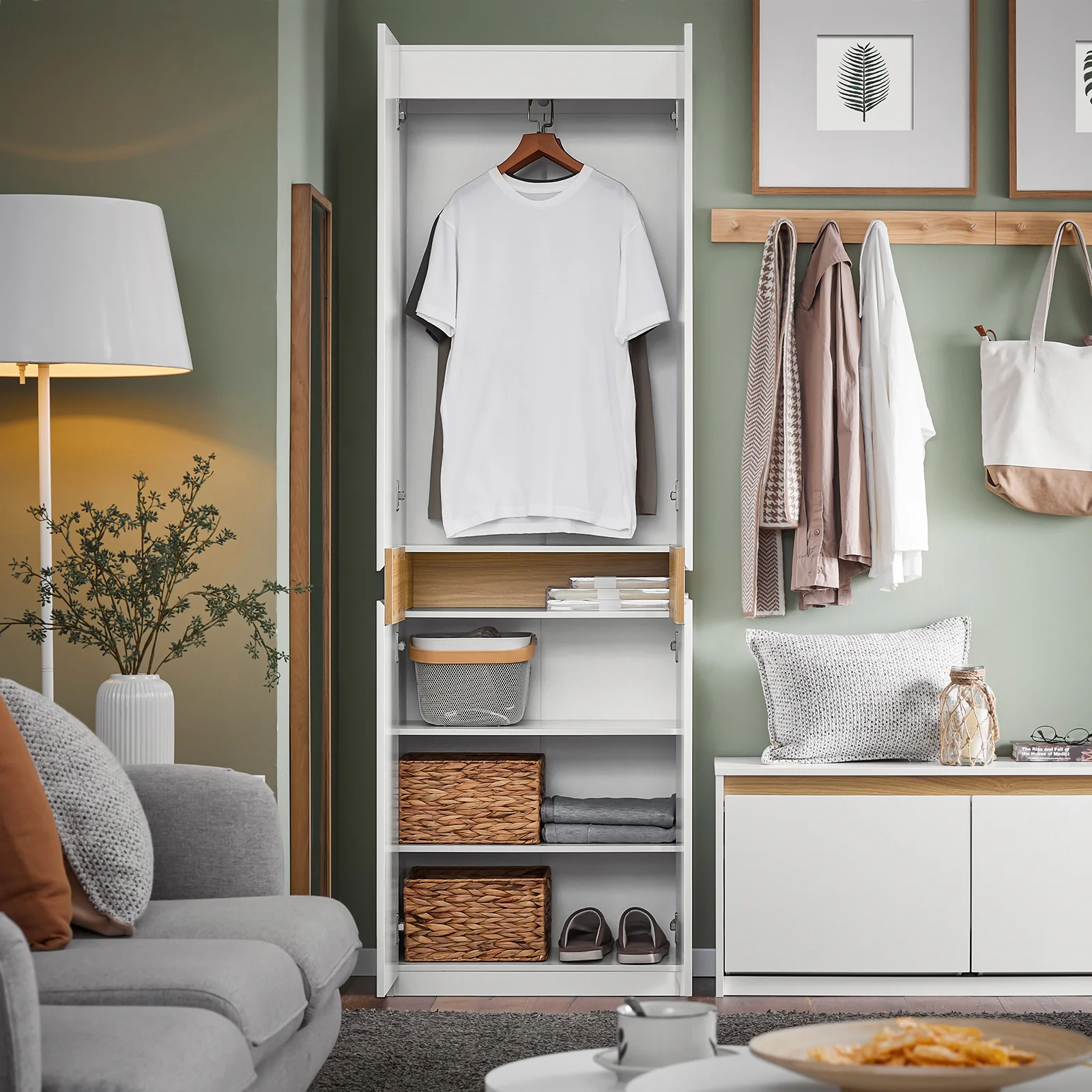 SoBuy KSB01-W Hoge Kledingkast met Deuren – Smalle Opbergkast met 5 Vakken & Kledingroede – Ideaal voor Slaapkamer, Hal of Woonkamer – Wit 61×30×192 cm - Image 4