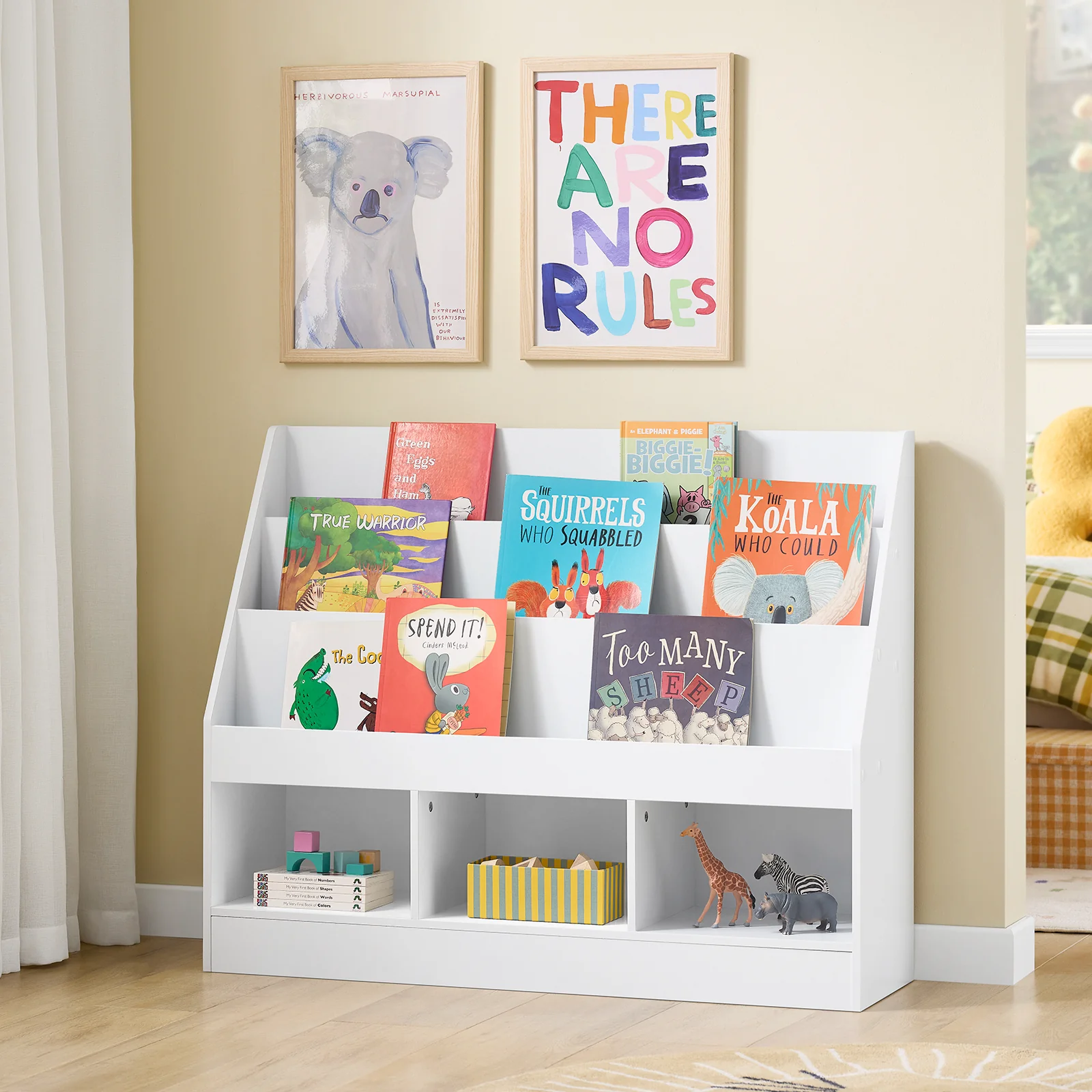 SoBuy Montessori KMB118-W Boekenkast voor kinderen, kinderrek met 3 opbergvakken en speelgoed opbergrek, kinderkamer, boekenrek en speelgoedrek, wit, 100 x 80 x 30 cm - Image 3