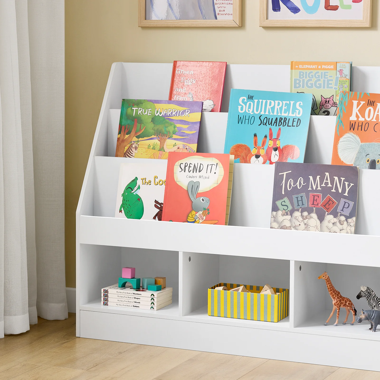 SoBuy Montessori KMB118-W Boekenkast voor kinderen, kinderrek met 3 opbergvakken en speelgoed opbergrek, kinderkamer, boekenrek en speelgoedrek, wit, 100 x 80 x 30 cm - Image 5