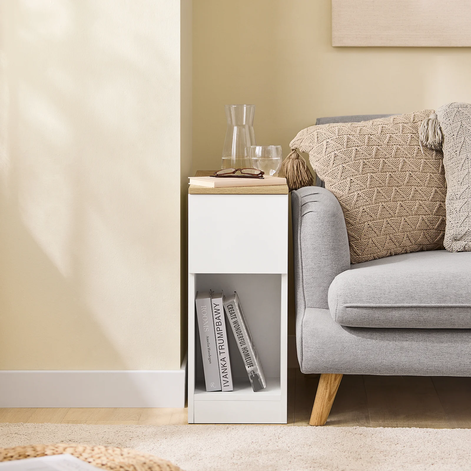 SoBuy FBT162-WN Nachtkastje met 3 vakken voor boxspringbed banktafel bijzettafel smal telefoontafel nachtkastje nachtkastje nachtkastje wit BHT ca. 20x60x65cm - Image 2